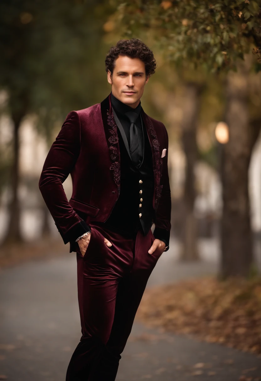 Homme Handsom, Grand et en forme, 40 ans, (shaven:1.2) , curly short brown hair. Dark brown tight velvet suit, (La veste a des motifs de fleurs noires:1.2).