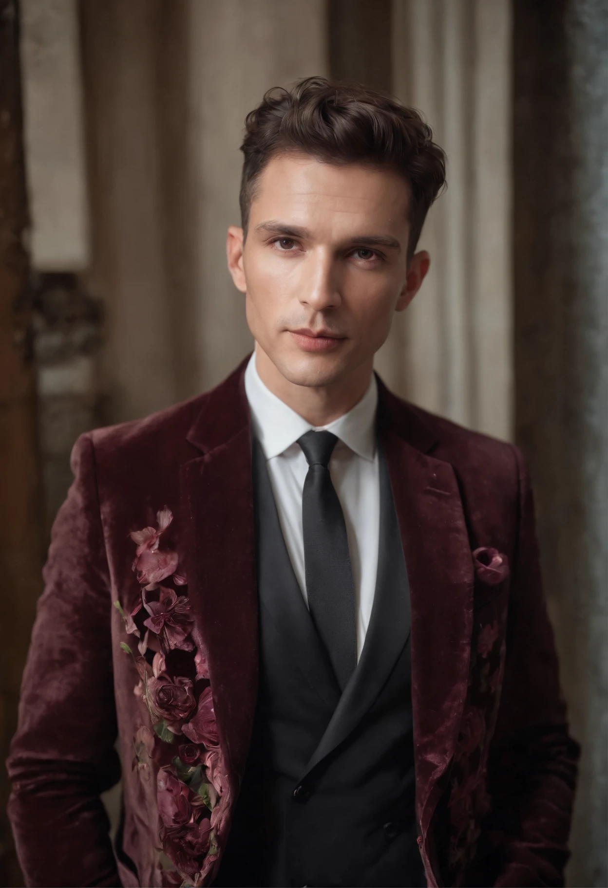 Homme Handsom, Grand et en forme, 40 ans, (shaven:1.2) , curly short brown hair. Dark brown tight velvet suit, (La veste a des motifs de fleurs noires:1.2).
