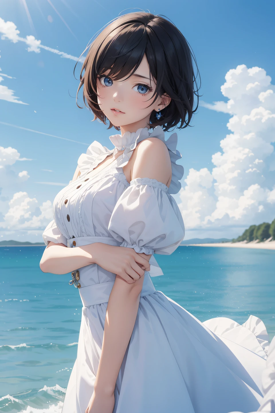 Best quality, high detail, high resolution, ultra high definition, 16k, 1 cute girl, {levitation|float|fly|fly}, [colorful short hair, fashionable outfit: 0.1], beautiful fluffy clouds, blue sky, beautiful fluffy clouds, overlooking angle, medium and long view, Shinkai Makoto style, dreamy, beautiful, masterpiece