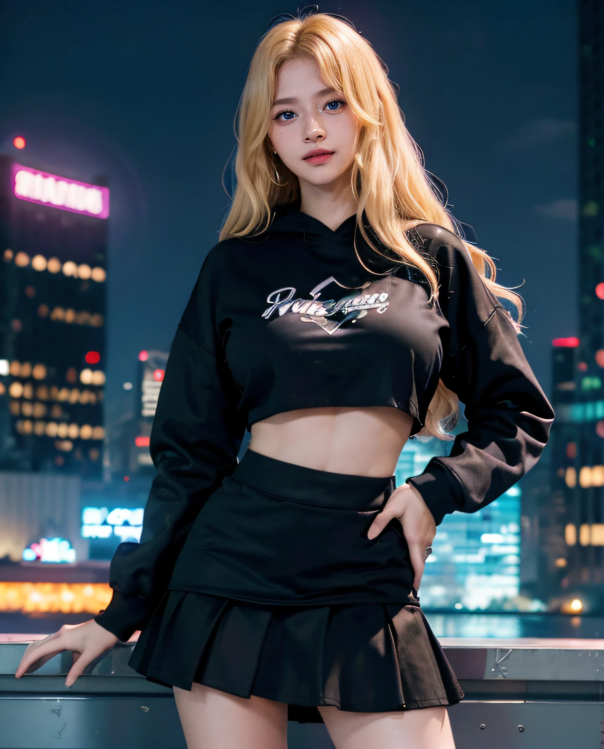 1girl, (Blue Eyes), smiling, (Sana Minatozaki), wide hips, Big Boobs, big ass, (Best Quality, 8k, Masterpiece: 1.3), Clear Focus: 1.2, Perfect Body Beauty: 1.4 , Slender Abs: 1.2, Highly detailed face and skin texture, detailed eyes, double eyelids, (blonde long hair), (black sweatshirt and tiered cotton skirt :1.3), (on the terrace of a building at night), futuristic city with huge buildings illuminated with neon lights in the background