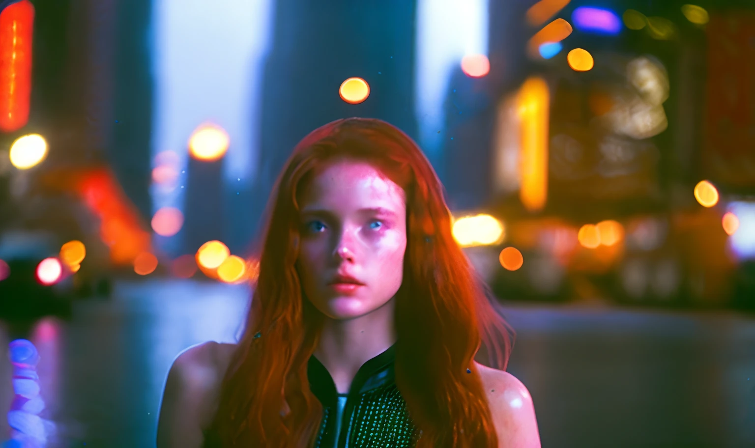 scene from 90's sci-fi movie, half body shot (35mm photo) of a 20 year old woman, redhead with wet long hair, glossy lips, looking forlorn and deep in thought, dressed in model dress, blade runner city mixed with Chicago, raining, film grain, (dutch angle)