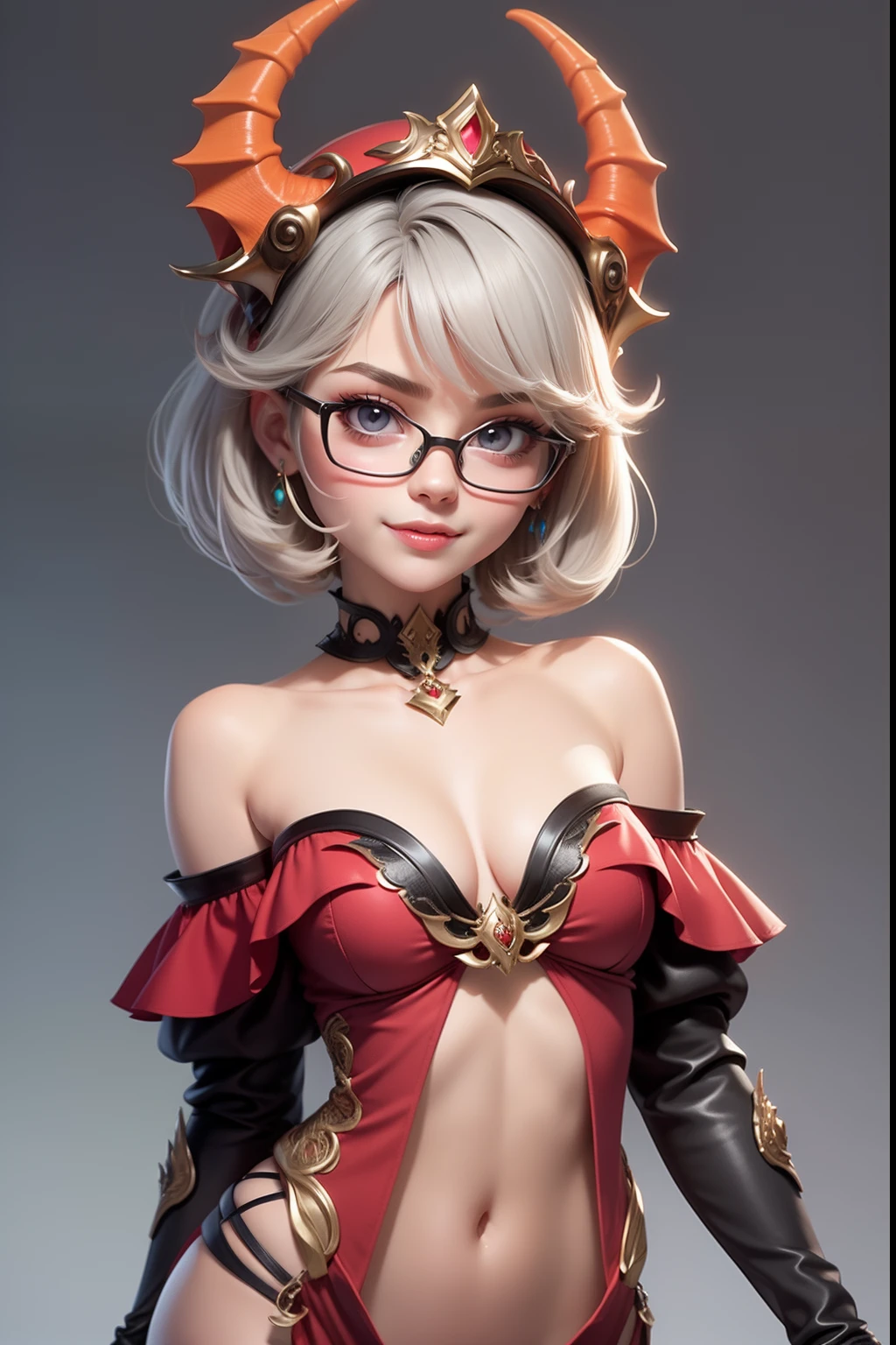 1 cute dragon race. girl (18yo) glasses, dark eyes, upper body, slim waist, natural small breast, sexy pose, seductive expression, bangs, random hairstyle, cleavage, navel, collar, collarbone, off shoulder, seductive smile, wear intricately detail hot and sexy outfit, dragon costume, Coral color, wear unique helmet, random light color, upper body. flat gray color for background