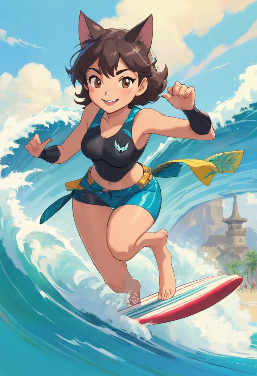 A sweet smiling catwoman surfing on the tip of the waves,Fit in shape,Wear a surf vest and beach shorts,Stylized furry, Hawaiian beach background,by Ghibli Studio,