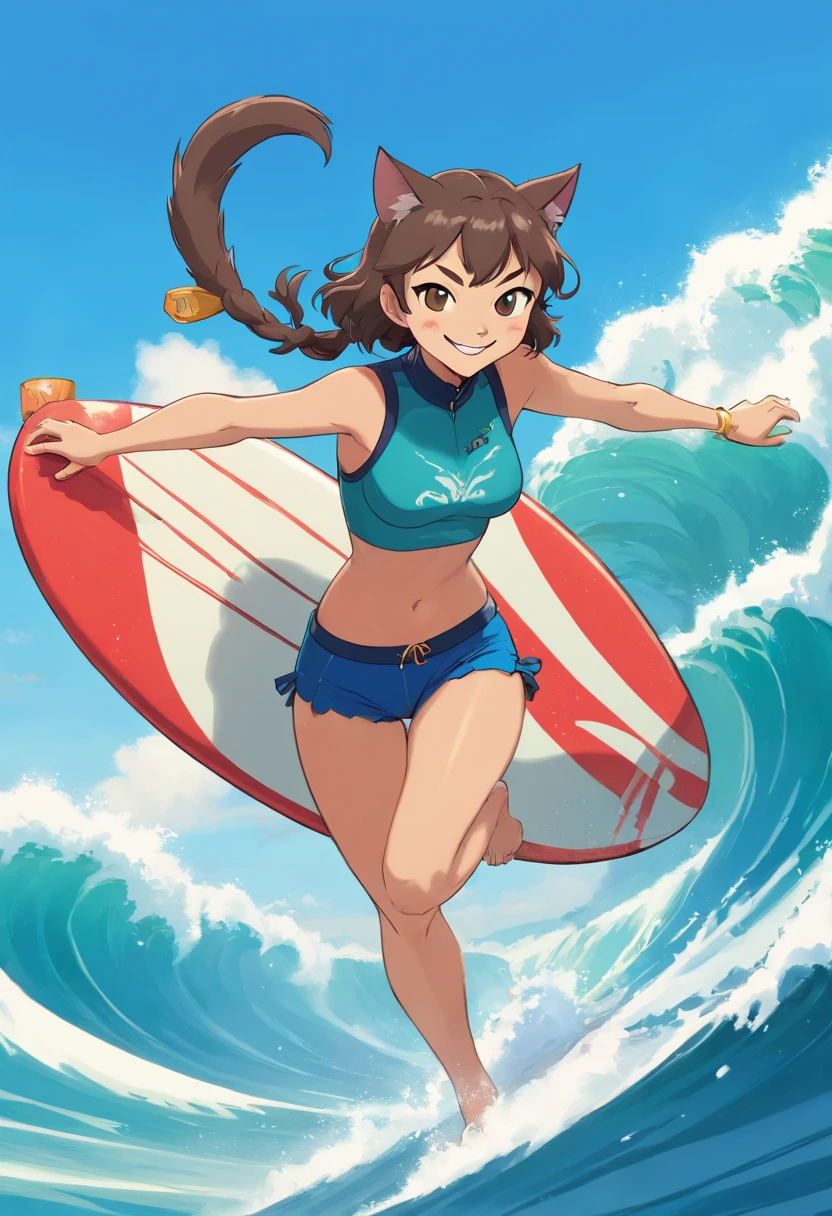A sweet smiling catwoman surfing on the tip of the waves,Fit in shape,Wear a surf vest and beach shorts,Stylized furry, Hawaiian beach background,by Ghibli Studio,