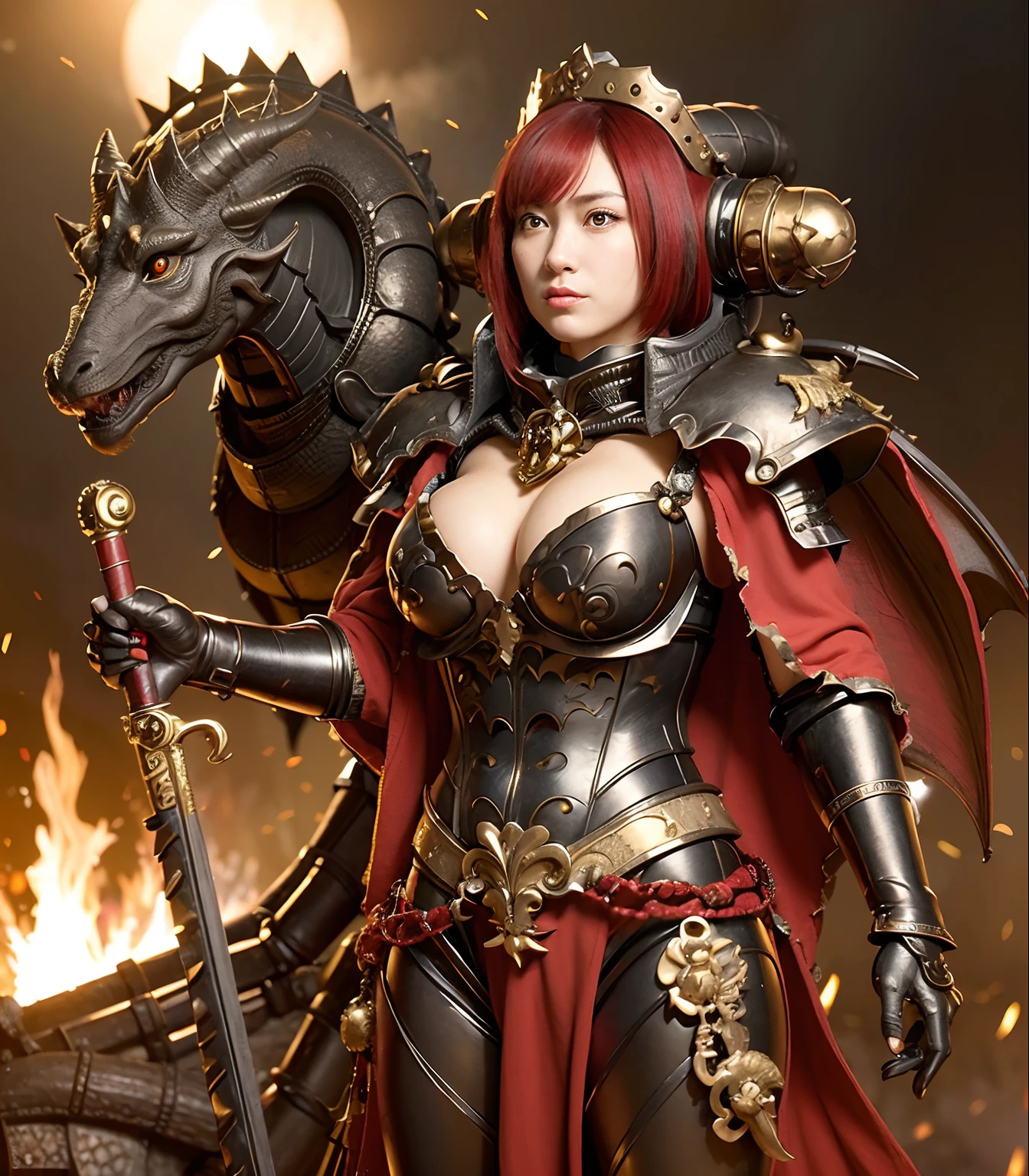 Professional , masterpiece、top-quality、photos realistic , depth of fields 、(Fight the Dragon Knight with the Dragon Mask),(Dragon Black Metal Body:1.4),(Matte Black、(cleavage of the breast)、(Fight dragons)、(Seductive look)、Dragon Gold Weapon、Mystical expression、(bikini-armor),Gorgeous gold weapons ,(( Dragon's dense and gorgeous sword)) , Beautiful knife ,warhammer 40k , adepta sororitas,Detail and gorgeous crown、((Red hair))、(Castle background)、The dragon、((Gangle's forest background))、Beautiful Caucasian beauty、(1a person)、dynamic ungle,(((Detailed and ornate dragon helmet)))、Smaller head、Castle background、Thin and beautiful female hands、cleavage of the breast、Soldier in iron armor on background、Mystical expression、Light Effects、intense fighting、Wind-effect、magic circles、With the legendary magic wand、(demonic wings)、Toostock、