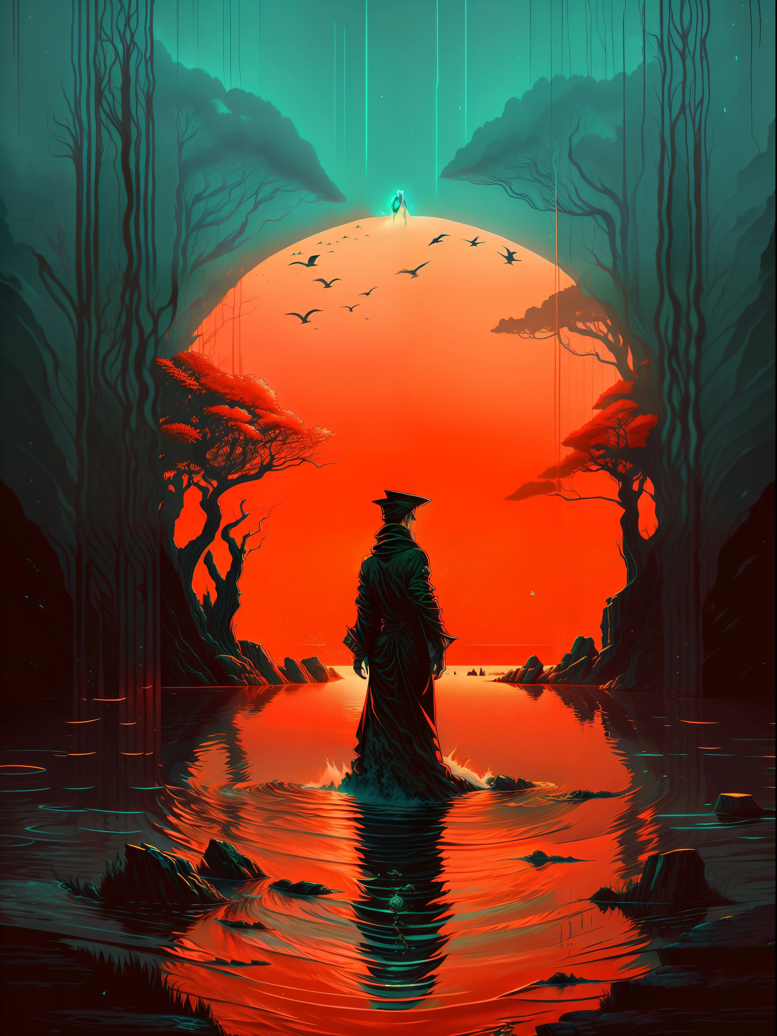 arafed image of a man in a robe standing in a lake, 4k detailed digital art, 4k highly detailed digital art, stunning digital illustration, dan mumford. 8 k octane render, beautiful digital artwork, 8k stunning artwork, 3 d render beeple, sci-fi digital art illustration, digital art 4k unsettling