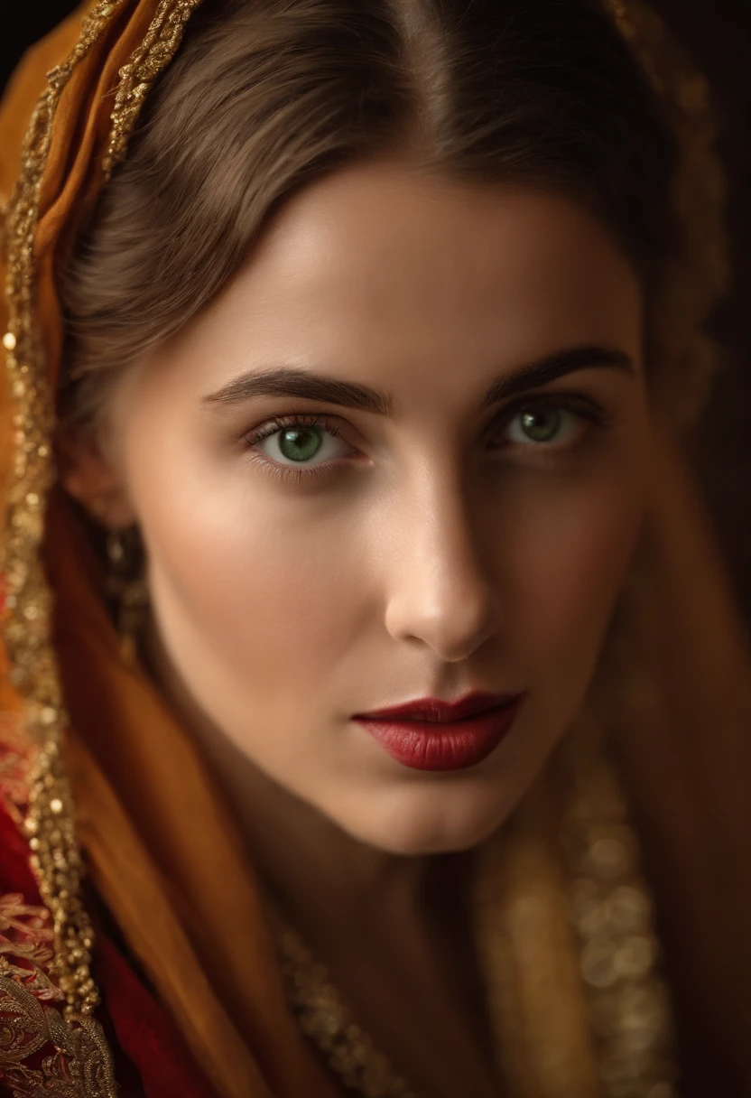 (((Una profunda herida rojiza cruza su mejilla izquierda))) tez clara, Female around 19 years old, cabello blanco natural, Ojos verdes distintivos, Usando Kohl, Delgado y elegante, Beautiful, Luz de velas en un entorno medieval, Ultra Sharp Focus, Toma realista, Ropa femenina medieval, Tetradic colors (cicatriz:1.4)