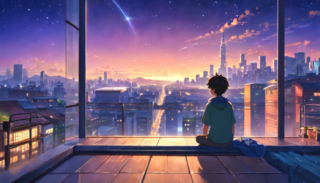 (best quality, highres, realistic:1.37), HDR, (concept art), a boy meditating on the rooftop with a starry sky and mystical lights surrounding him, overlooking the city scene. [Mystical atmosphere], [peaceful], [serenity], [calmness], [tranquility]. The boy's closed eyes create a sense of deep meditation, while the starry sky above adds a touch of magic to the scene. The rooftop is adorned with [soft cushions] for comfort, and surrounding the boy are flickering [ethereal lights] that emit an otherworldly glow. The lights create an enchanting aura, reminiscent of the night sky filled with shooting stars and celestial wonders. The city below is bustling with [vibrant energy], [lively colors], and [busy streets]. The tall buildings are illuminated with various [colorful lights], casting a warm glow onto the streets. In the distance, the silhouettes of [skyscrapers] can be seen, creating an urban skyline against the twilight sky. The ambiance is [mysterious] and [magical], evoking a sense of curiosity and wonder. The boy's presence atop the rooftop symbolizes his desire for solace and a chance to escape the chaos of the city. The composition of the scene, with the boy as the central focus, highlights the importance of inner peace and reflection. Every detail is meticulously crafted, from the boy's [calm expression] to the intricate patterns of the celestial lights. The artwork showcases a [dreamlike] and [surreal] setting, inviting viewers to contemplate the boundaries between reality and the imagination. As viewers gaze at the painting, they are transported to a world of serenity and tranquility, where meditation and magic intertwine.