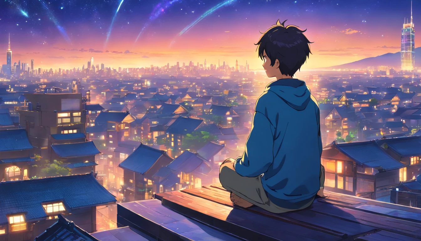 (best quality, highres, realistic:1.37), HDR, (concept art), a boy meditating on the rooftop with a starry sky and mystical lights surrounding him, overlooking the city scene. [Mystical atmosphere], [peaceful], [serenity], [calmness], [tranquility]. The boy's closed eyes create a sense of deep meditation, while the starry sky above adds a touch of magic to the scene. The rooftop is adorned with [soft cushions] for comfort, and surrounding the boy are flickering [ethereal lights] that emit an otherworldly glow. The lights create an enchanting aura, reminiscent of the night sky filled with shooting stars and celestial wonders. The city below is bustling with [vibrant energy], [lively colors], and [busy streets]. The tall buildings are illuminated with various [colorful lights], casting a warm glow onto the streets. In the distance, the silhouettes of [skyscrapers] can be seen, creating an urban skyline against the twilight sky. The ambiance is [mysterious] and [magical], evoking a sense of curiosity and wonder. The boy's presence atop the rooftop symbolizes his desire for solace and a chance to escape the chaos of the city. The composition of the scene, with the boy as the central focus, highlights the importance of inner peace and reflection. Every detail is meticulously crafted, from the boy's [calm expression] to the intricate patterns of the celestial lights. The artwork showcases a [dreamlike] and [surreal] setting, inviting viewers to contemplate the boundaries between reality and the imagination. As viewers gaze at the painting, they are transported to a world of serenity and tranquility, where meditation and magic intertwine.
