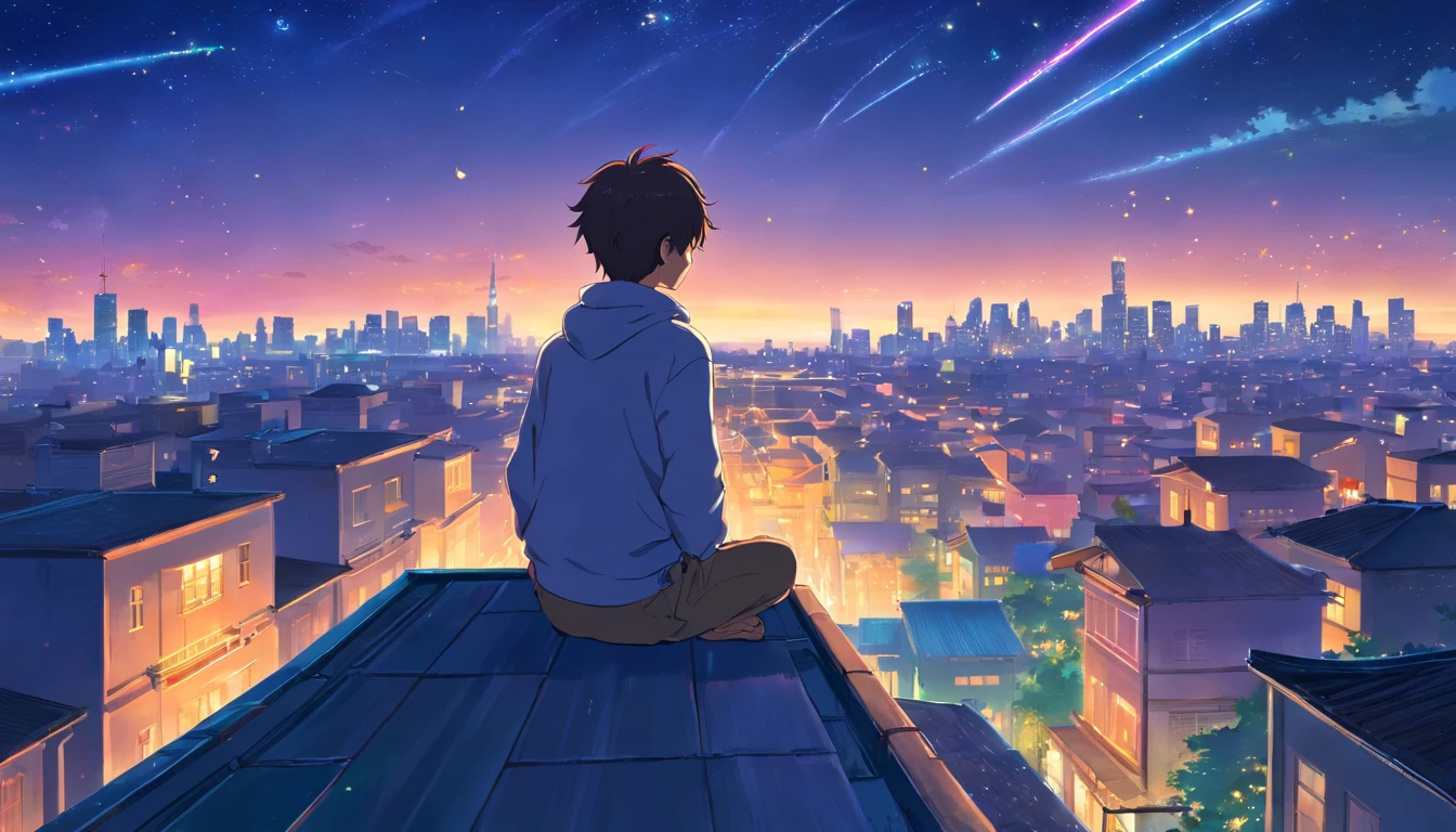 (best quality, highres, realistic:1.37), HDR, (concept art), a boy meditating on the rooftop with a starry sky and mystical lights surrounding him, overlooking the city scene. [Mystical atmosphere], [peaceful], [serenity], [calmness], [tranquility]. The boy's closed eyes create a sense of deep meditation, while the starry sky above adds a touch of magic to the scene. The rooftop is adorned with [soft cushions] for comfort, and surrounding the boy are flickering [ethereal lights] that emit an otherworldly glow. The lights create an enchanting aura, reminiscent of the night sky filled with shooting stars and celestial wonders. The city below is bustling with [vibrant energy], [lively colors], and [busy streets]. The tall buildings are illuminated with various [colorful lights], casting a warm glow onto the streets. In the distance, the silhouettes of [skyscrapers] can be seen, creating an urban skyline against the twilight sky. The ambiance is [mysterious] and [magical], evoking a sense of curiosity and wonder. The boy's presence atop the rooftop symbolizes his desire for solace and a chance to escape the chaos of the city. The composition of the scene, with the boy as the central focus, highlights the importance of inner peace and reflection. Every detail is meticulously crafted, from the boy's [calm expression] to the intricate patterns of the celestial lights. The artwork showcases a [dreamlike] and [surreal] setting, inviting viewers to contemplate the boundaries between reality and the imagination. As viewers gaze at the painting, they are transported to a world of serenity and tranquility, where meditation and magic intertwine.