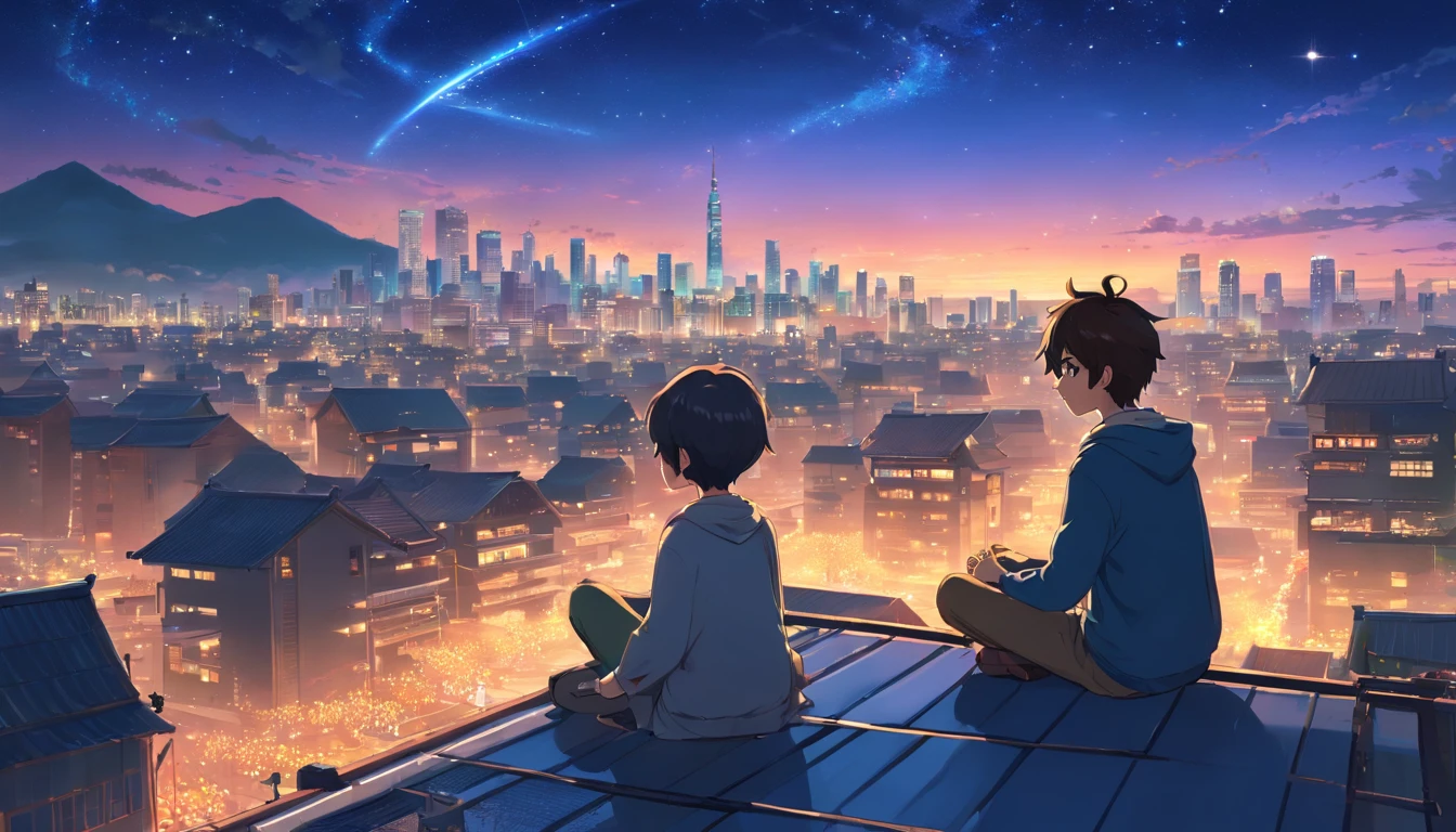 (best quality, highres, realistic:1.37), HDR, (concept art), a boy meditating on the rooftop with a starry sky and mystical lights surrounding him, overlooking the city scene. [Mystical atmosphere], [peaceful], [serenity], [calmness], [tranquility]. The boy's closed eyes create a sense of deep meditation, while the starry sky above adds a touch of magic to the scene. The rooftop is adorned with [soft cushions] for comfort, and surrounding the boy are flickering [ethereal lights] that emit an otherworldly glow. The lights create an enchanting aura, reminiscent of the night sky filled with shooting stars and celestial wonders. The city below is bustling with [vibrant energy], [lively colors], and [busy streets]. The tall buildings are illuminated with various [colorful lights], casting a warm glow onto the streets. In the distance, the silhouettes of [skyscrapers] can be seen, creating an urban skyline against the twilight sky. The ambiance is [mysterious] and [magical], evoking a sense of curiosity and wonder. The boy's presence atop the rooftop symbolizes his desire for solace and a chance to escape the chaos of the city. The composition of the scene, with the boy as the central focus, highlights the importance of inner peace and reflection. Every detail is meticulously crafted, from the boy's [calm expression] to the intricate patterns of the celestial lights. The artwork showcases a [dreamlike] and [surreal] setting, inviting viewers to contemplate the boundaries between reality and the imagination. As viewers gaze at the painting, they are transported to a world of serenity and tranquility, where meditation and magic intertwine.