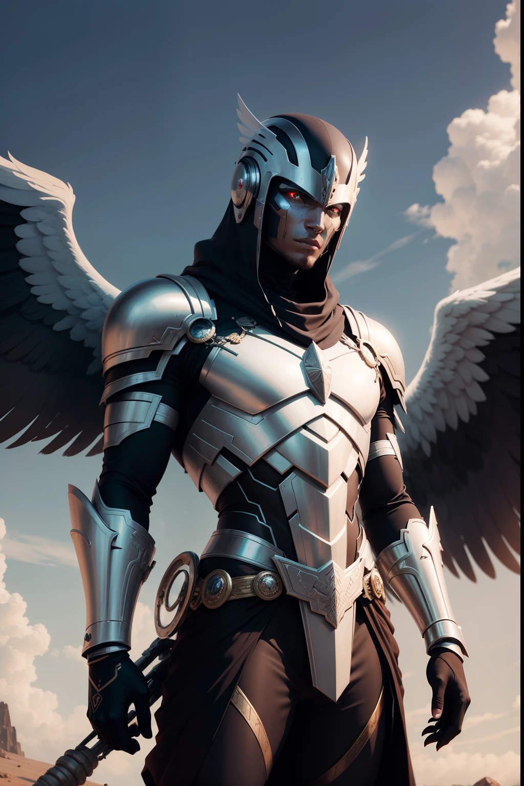 alien Image of a man with wings, black skin, only two toes, der auf einem Felsen steht, Vogelkrieger, Erzengel, Armor angle with wing, tenologic armor, angel in plastic armor, Erzengel Michael, Winged Archer, Kriegsherr des Schwarzen Aarakocra-Adlers, Guardian of the Sacred Lake, The Egyptian God, Storm Egyptian God, Anthropomorpher Rabenritter