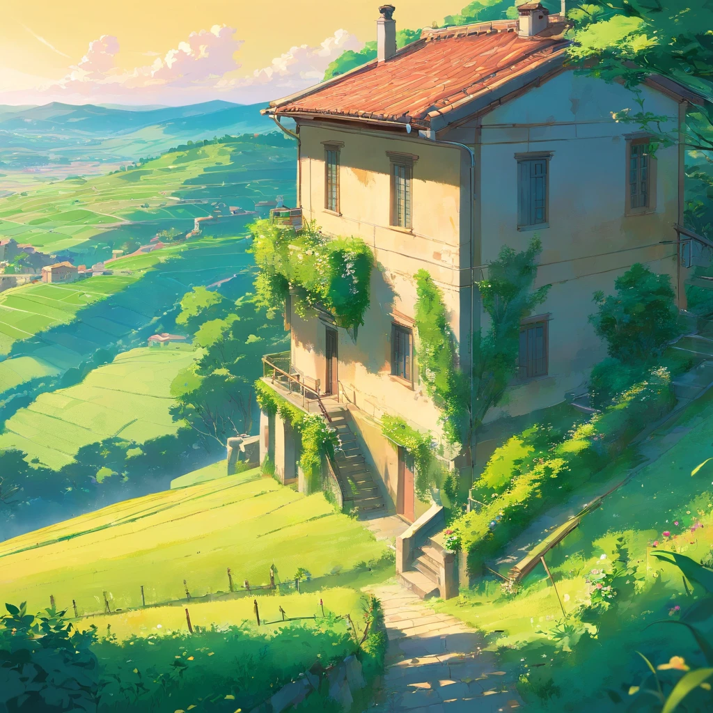 There is a view of the house at the top of the hill, Colinas da Toscana, Italy, breathtaking landscape, Ciprestes e Colinas, colinas verdes ondulantes, paisagem deslumbrante, Campo exuberante, southern european scenery, lindo cenario, lindo cenario, vista deslumbrante, stunning scenery, amazing landscape, bela paisagem, Colinas Verdes, breathtaking landscapes, autor:Jürgen von Henderberg