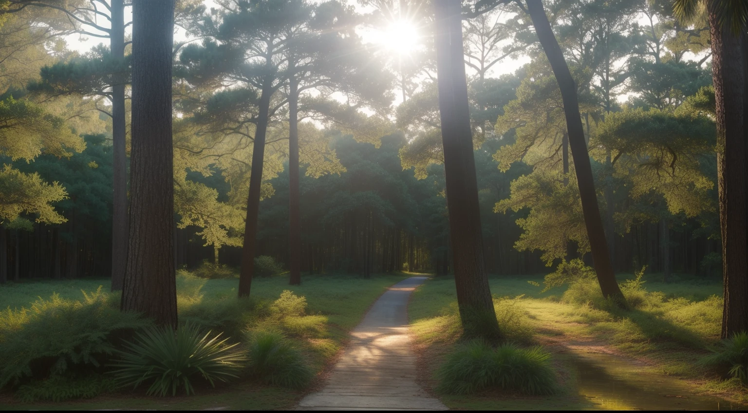(best quality,8k,ultra realistic,hyper-detailed:1.2),stunning landscape photograph of The Woodlands Texas, lush and vibrant foliage, captivating Pine palm and Palmetto trees, incredible clarity and sharpness, rich green hues, masterful composition, breath-taking natural beauty, exquisite color rendition, mesmerizing play of light and shadow.