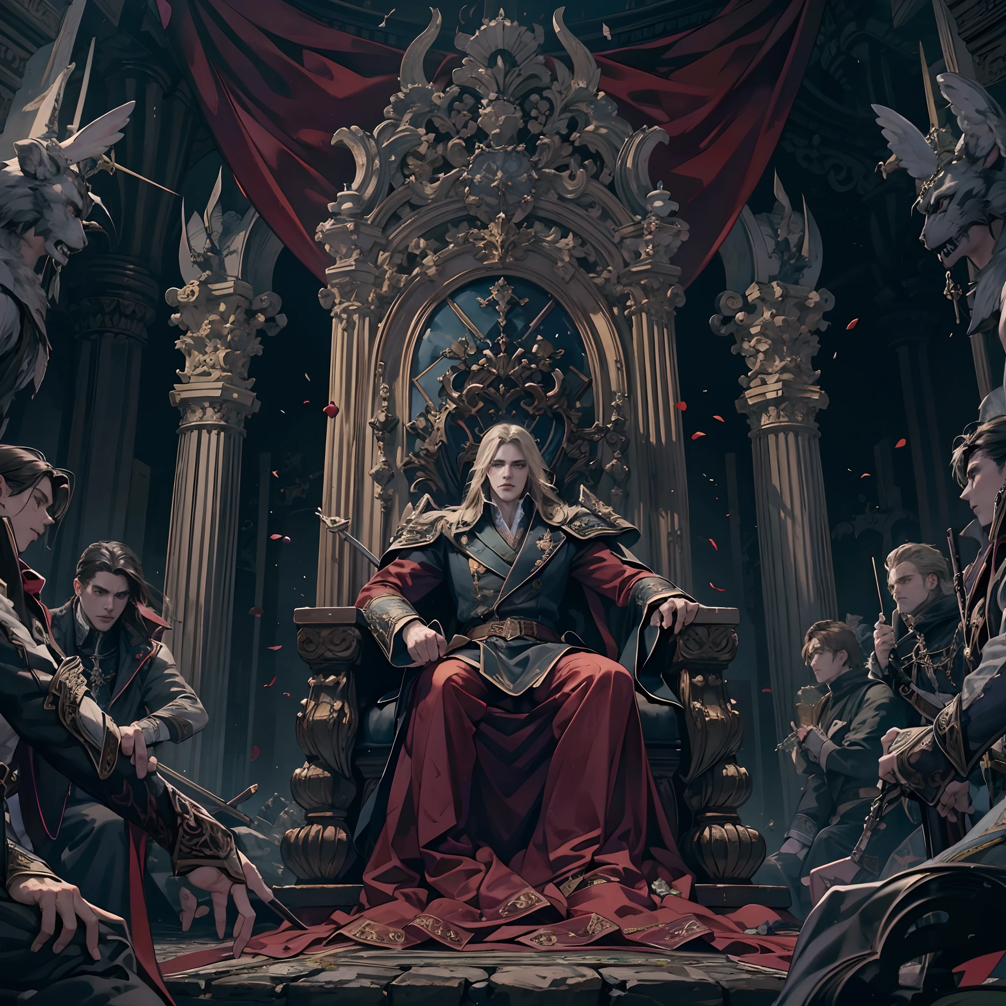 Castlevania Shadow Lord hyper realistic super detailed Dynamic shot masterpiece cinematic scene sitting in his big legendary throne with his men surrounding him hyper realistic super detailed cinematic scenes movie Epic Legendary different angle of view