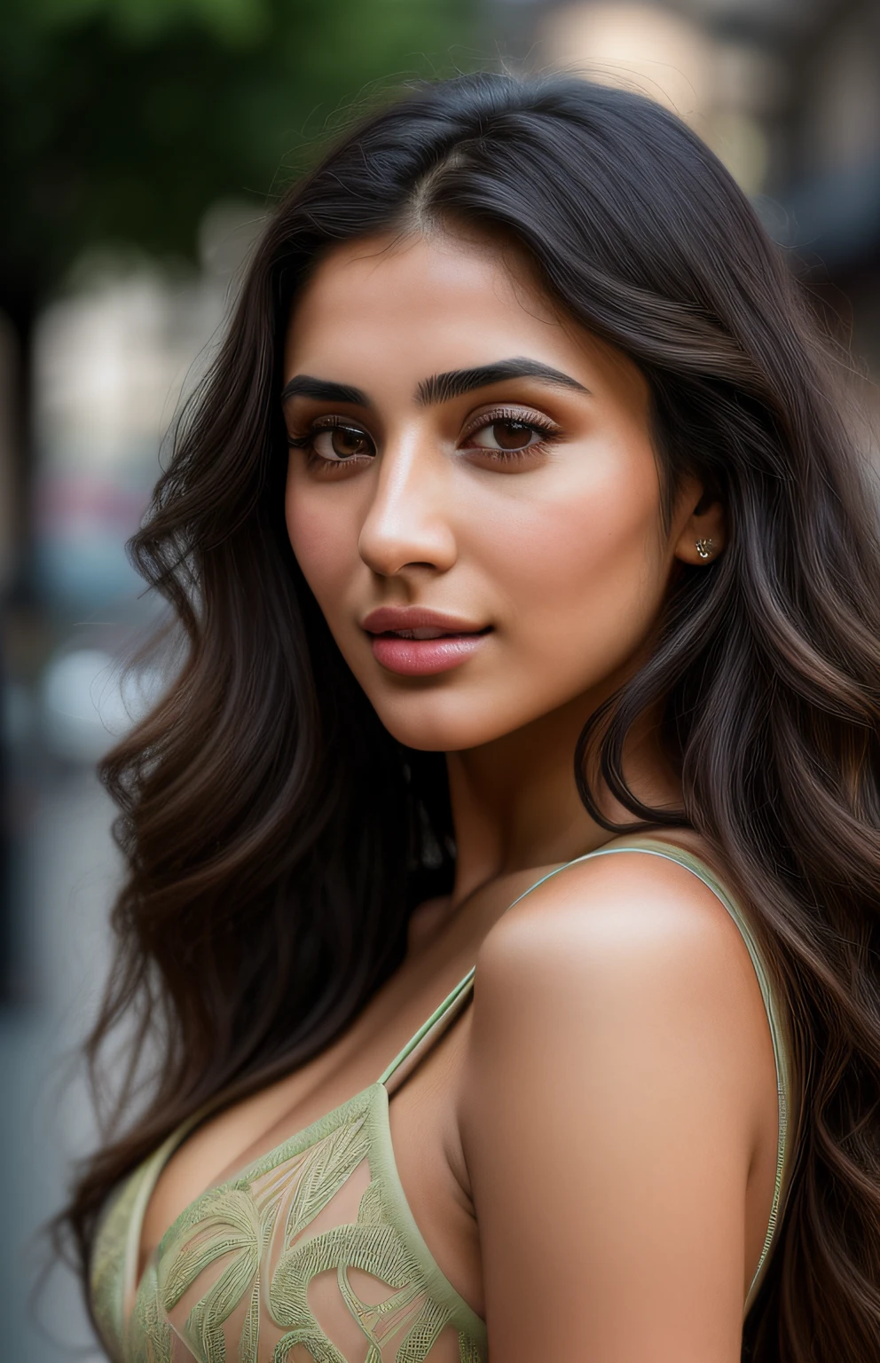 photo of a 23-year-old Armenian girl, RAW, beautiful woman, (extra long wavy brunette hair), ((portrait)), ((detailed face: 1.2)), ((detailed facial features)), (finely detailed skin), olive skin, transparent clothing, bodycon hasmat bodycon of highly detailed deep neckline, megacity environment, (cool colors), damp, damp, reflections, (masterpiece) (perfect proportion)(realistic photo)(best quality) (detailed) photographed on a Canon EOS R5,  50mm lens, F/2.8, HDR, (8k) (wallpaper) (cinematic lighting) (dramatic lighting) (sharp focus) (intricate)