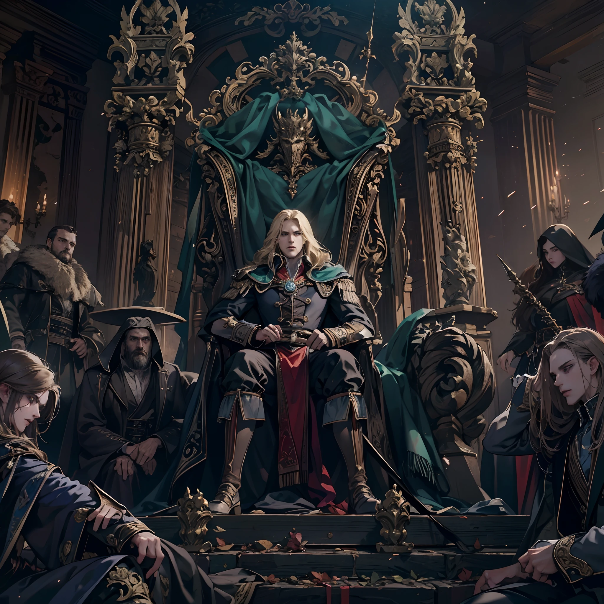 Castlevania Shadow Lord hyper realistic super detailed Dynamic shot masterpiece cinematic scene sitting in his big legendary throne with his men surrounding him hyper realistic super detailed cinematic scenes movie Epic Legendary different angle of view