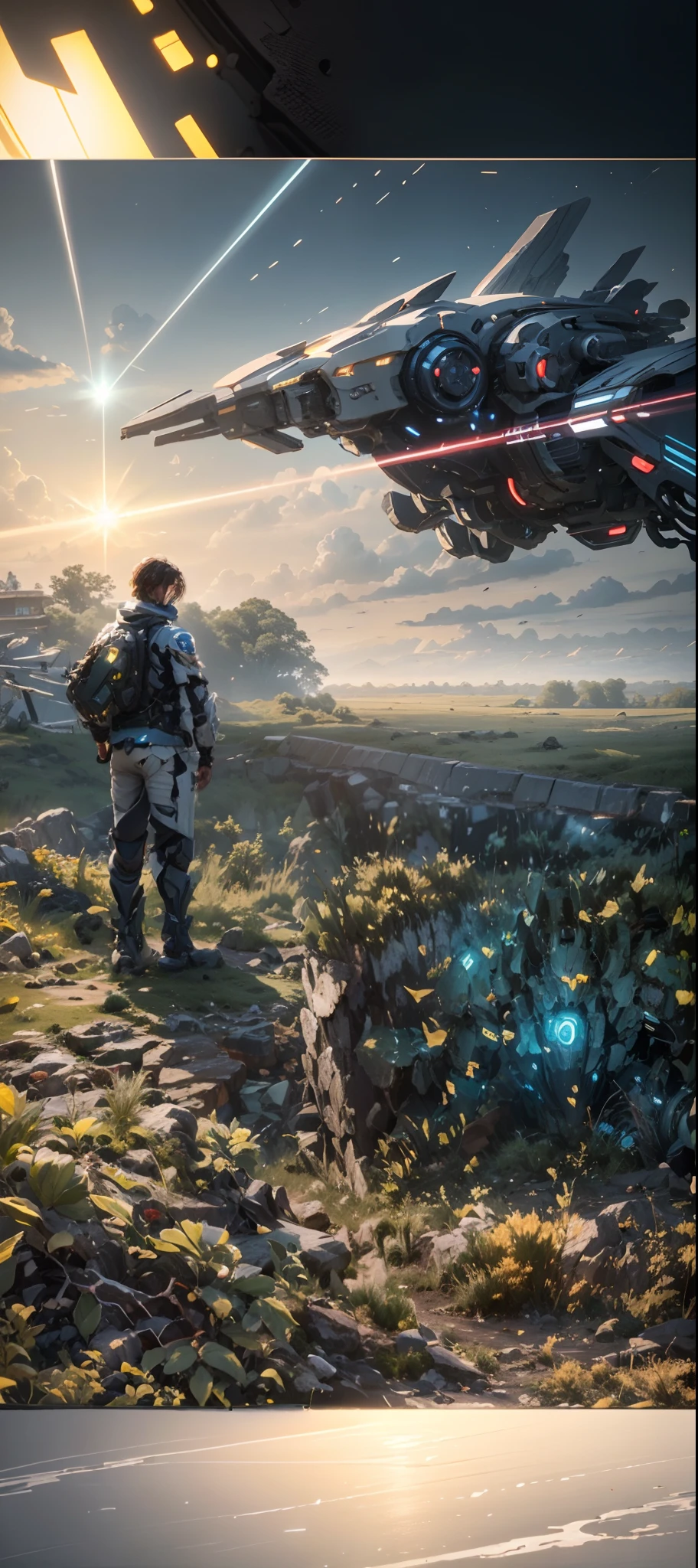 ((Best quality)), ((masterpiece)), (highly detailed:1.3), 3D,Shitu-mecha, beautiful cyberpunk boy with her mecha in the ruins of city from a forgoten war, ancient technology,HDR (High Dynamic Range),Ray Tracing,NVIDIA RTX,Super-Resolution,Unreal 5,Subsurface scattering,PBR Texturing,Post-processing,Anisotropic Filtering,Depth-of-field,Maximum clarity and sharpness,Multi-layered textures,Albedo and Specular maps,Surface shading,Accurate simulation of light-material interaction,Perfect proportions,Octane Render,Two-tone lighting,Low ISO,White balance,Rule of thirds,Wide aperature,8K RAW,Efficient Sub-Pixel,sub-pixel convolution,luminescent particles,light scattering,Tyndall effect