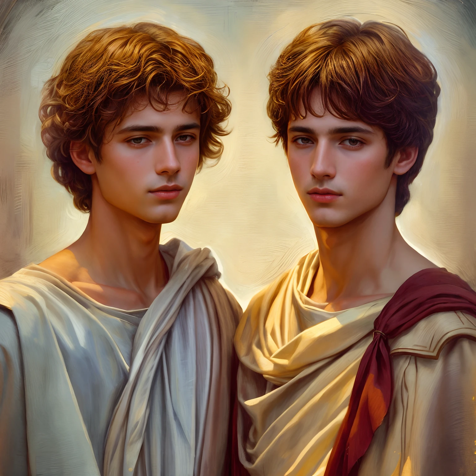 There are two young men dressed in Roman clothes posing for a photo, Petros e Leonid, beautiful gemini twins portrait, pintura digital renascentista, Mito grego pintura digital, dois rapazes, beautiful gemini twins, classicismo artstyle, meninos bonitos, anjos biblicamente precisos, Greg Rutkowski e Edgar Maxence, inspirado em Romano Vio, inspired by the Brothers Hildebrandt