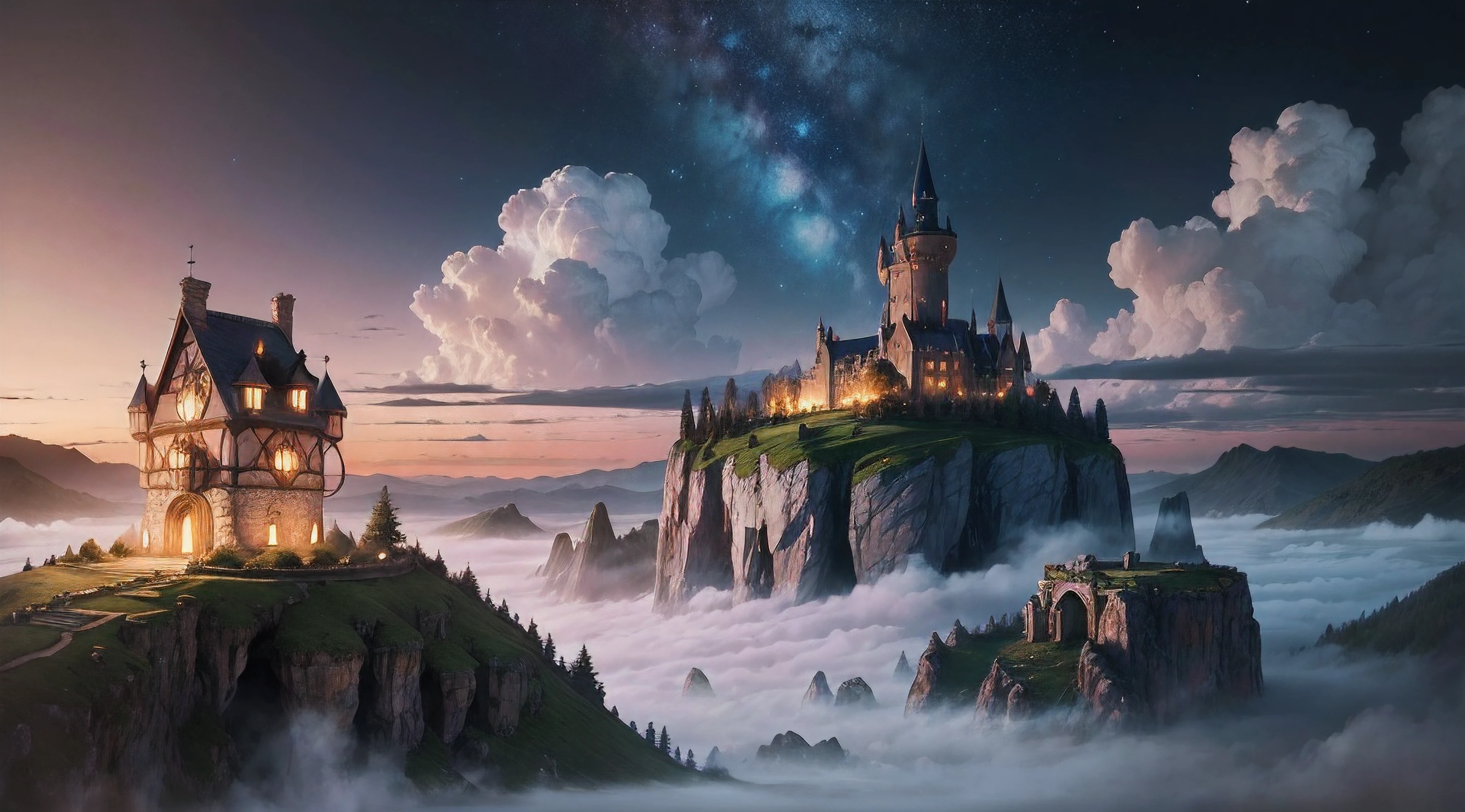 ancient castle in the clouds, (best quality, 4k, 8k, highest, masterpiece:1.2), ultra-detailed, (realistic, photorealistic, photo-realistic:1.37), dramatic lighting, dreamy color tones, vivid colors, fluffy white clouds, shimmering stars, enchanting atmosphere, whimsical style, ethereal human figure, majestic tree, cozy cottage, magical ambience, moonlit glow, tranquil night scene, mystical elements