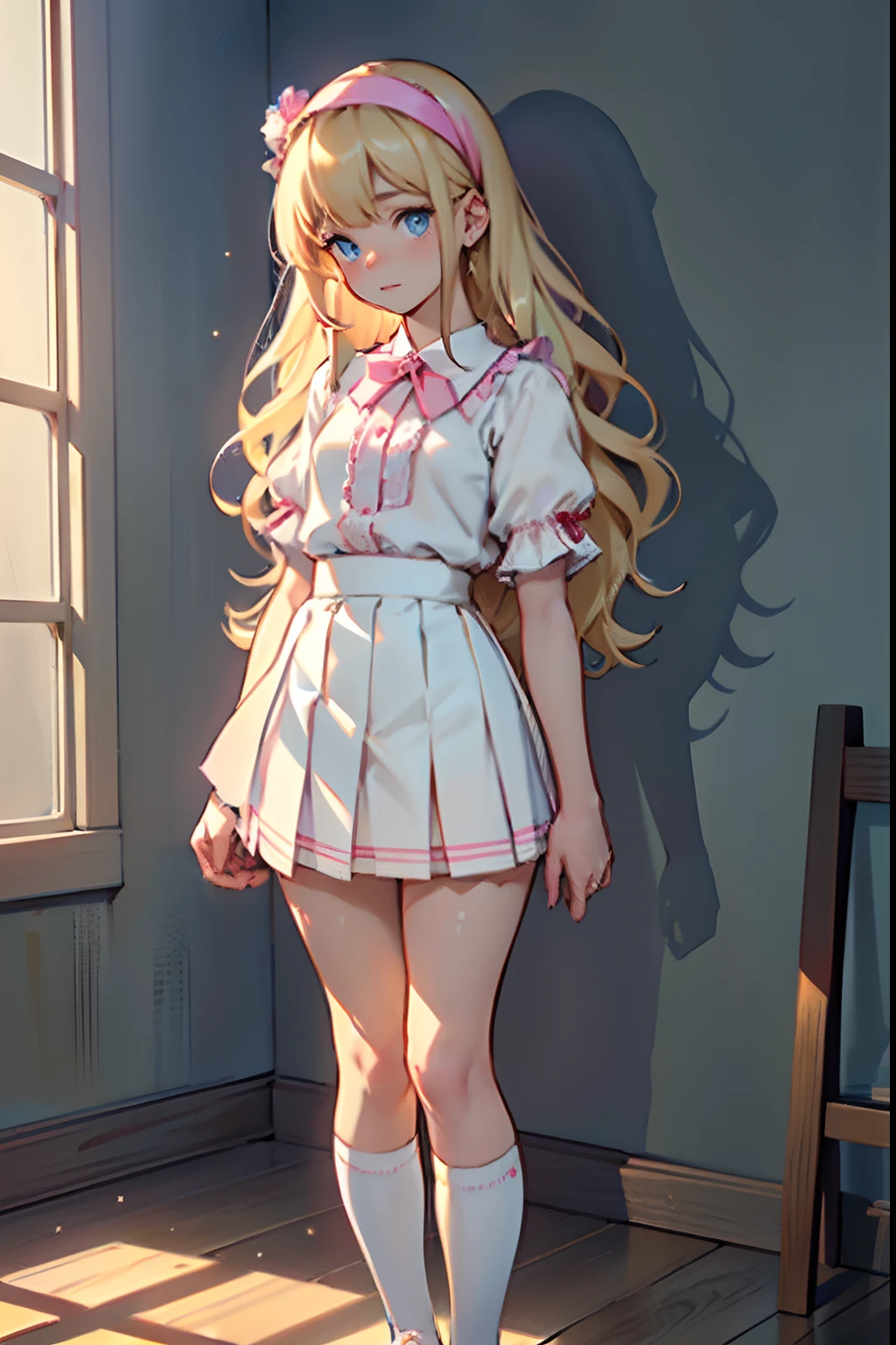 Species("Human")
Sex("Girl" + "Female" + "She/Her")
Age("11" + "11-year-old")
Height("4 feet 7 inches" + "55 inches" + "140cm")
Weight("80 lbs" + "36 kg")
Body("Wavy golden blonde hair" + "Fair skin" + "Sparkling blue eyes" + "Rosy cheeks" + "Petite" + "Cute" + "Soft skin" + "Delicate body")
Clothes("Pink headband" + "White frilly blouse" + "Light blue pleated skirt" + "White knee-high socks" + "Black Mary Jane shoes")
Accessories("Stuffed teddy bear")