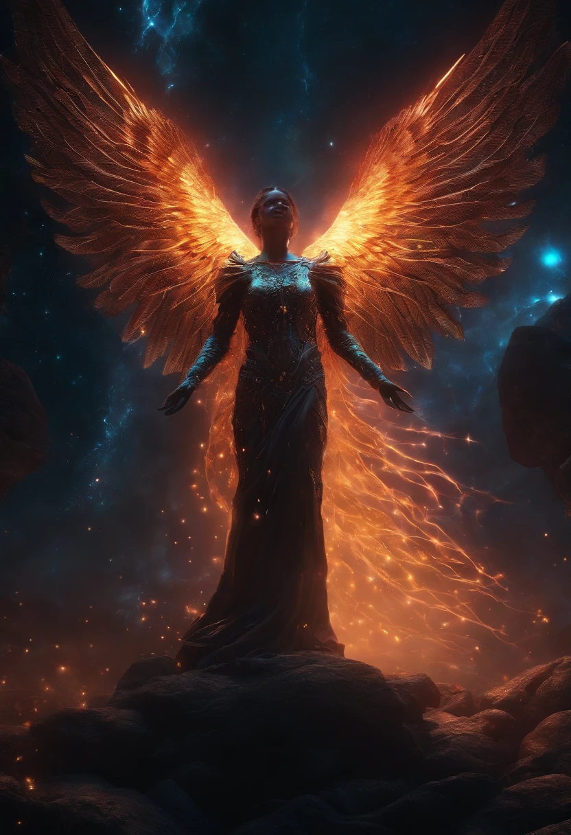 Cosmic Fallen Angel, glowing light eyes, Biomechanical, eerie, Creepy, nightmarish, Very bright colors, Light particles, with light glowing, Mshiff, wallpaper art, UHD wallpaper