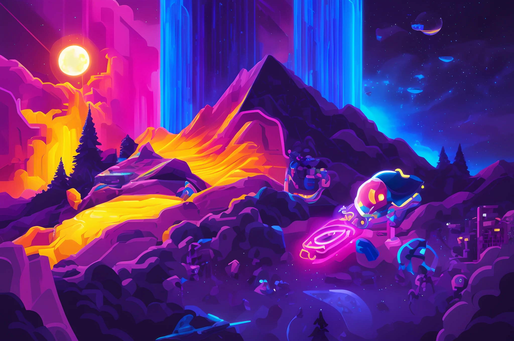 um homem parado em uma colina olhando para a lua no ceu, Artgem e Beeple Masterpiece, cores neon, Arte bonita UHD 4K, arstation e bipe altamente, em estilo de bipe, Artem Demura Beeple, arte do bipe, Obra-prima Beeple, 4K HD papel de parede ilustrativo, vivo