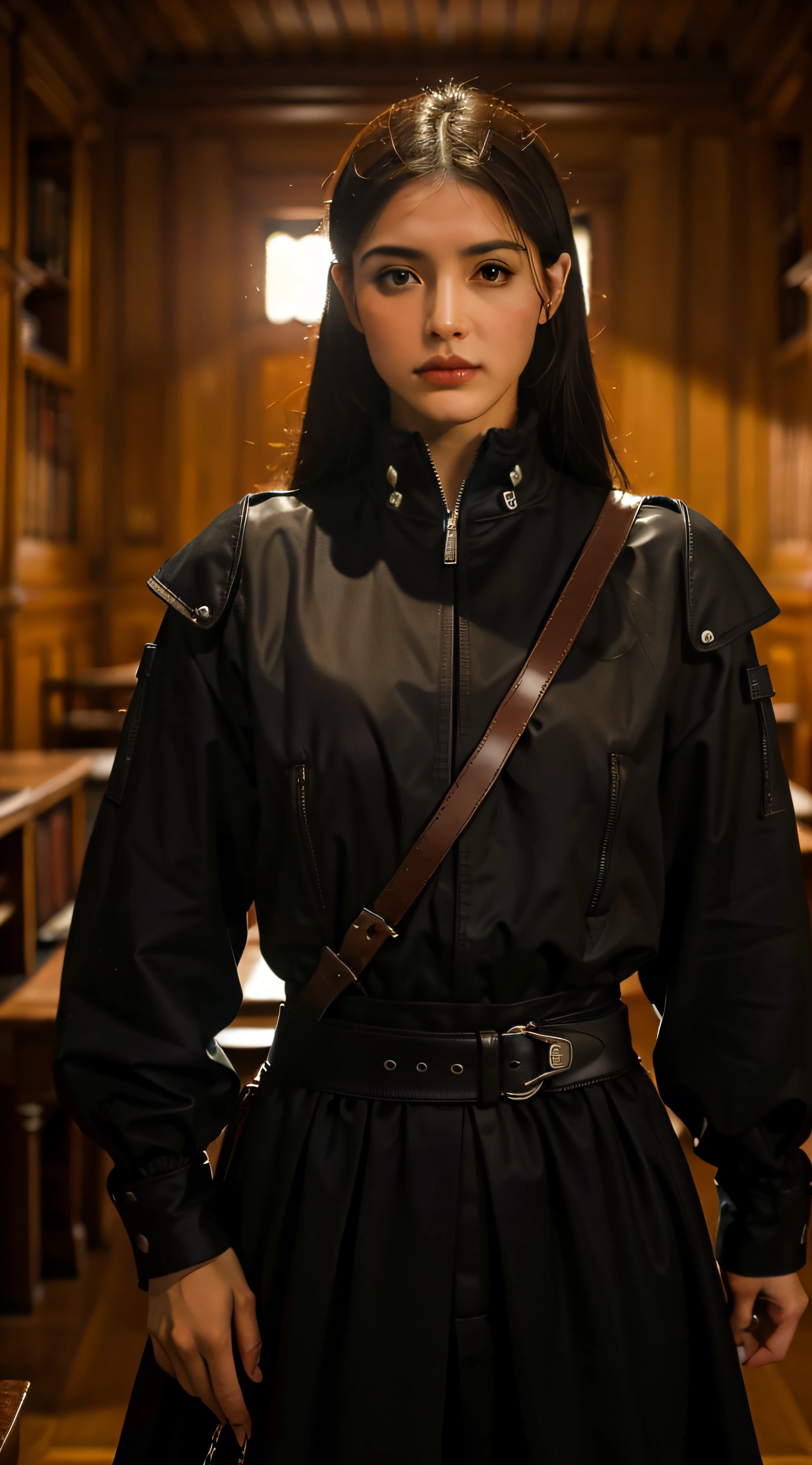 (extremadamente detallado, obra maestra, La mejor calidad, foto antigua, principios de siglo) latex, soldado estilo ciberpunk, armadura robotica, cables, tornillos, una linterna directa lo ilumina, biblioteca antigua. plano cercano. manchas. Caravaggio-style lighting. tenebrismo-