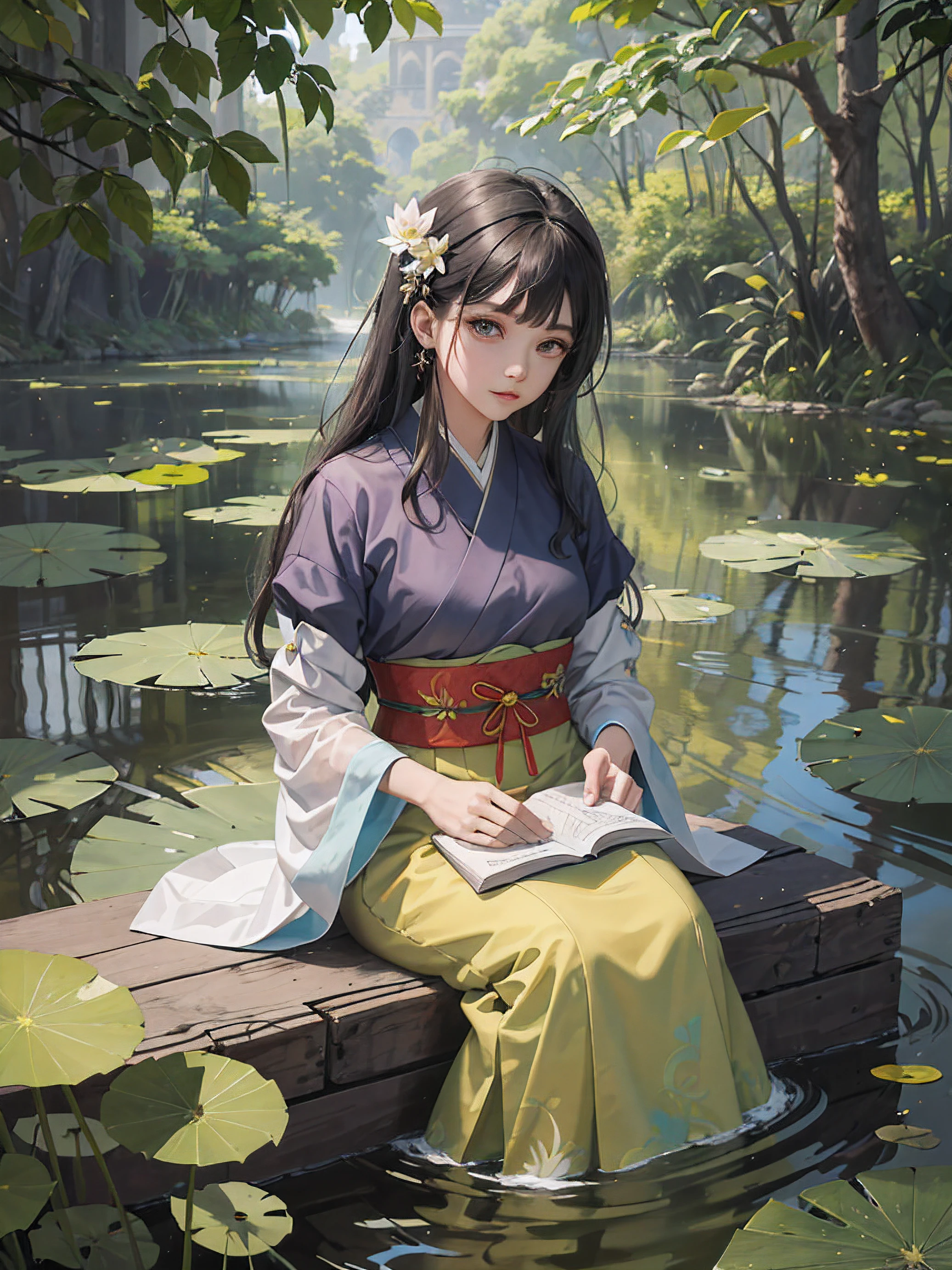 absurdres, highres, ultra detalhado, (1girl:1.3), handdrawn, linha simples, uma menina de 18yo em Hanfu colorido, olhos azuis, menina bonita, In the lotus pond, cover the head with lotus leaf, obra-prima, sitting in the water, livro de leitura