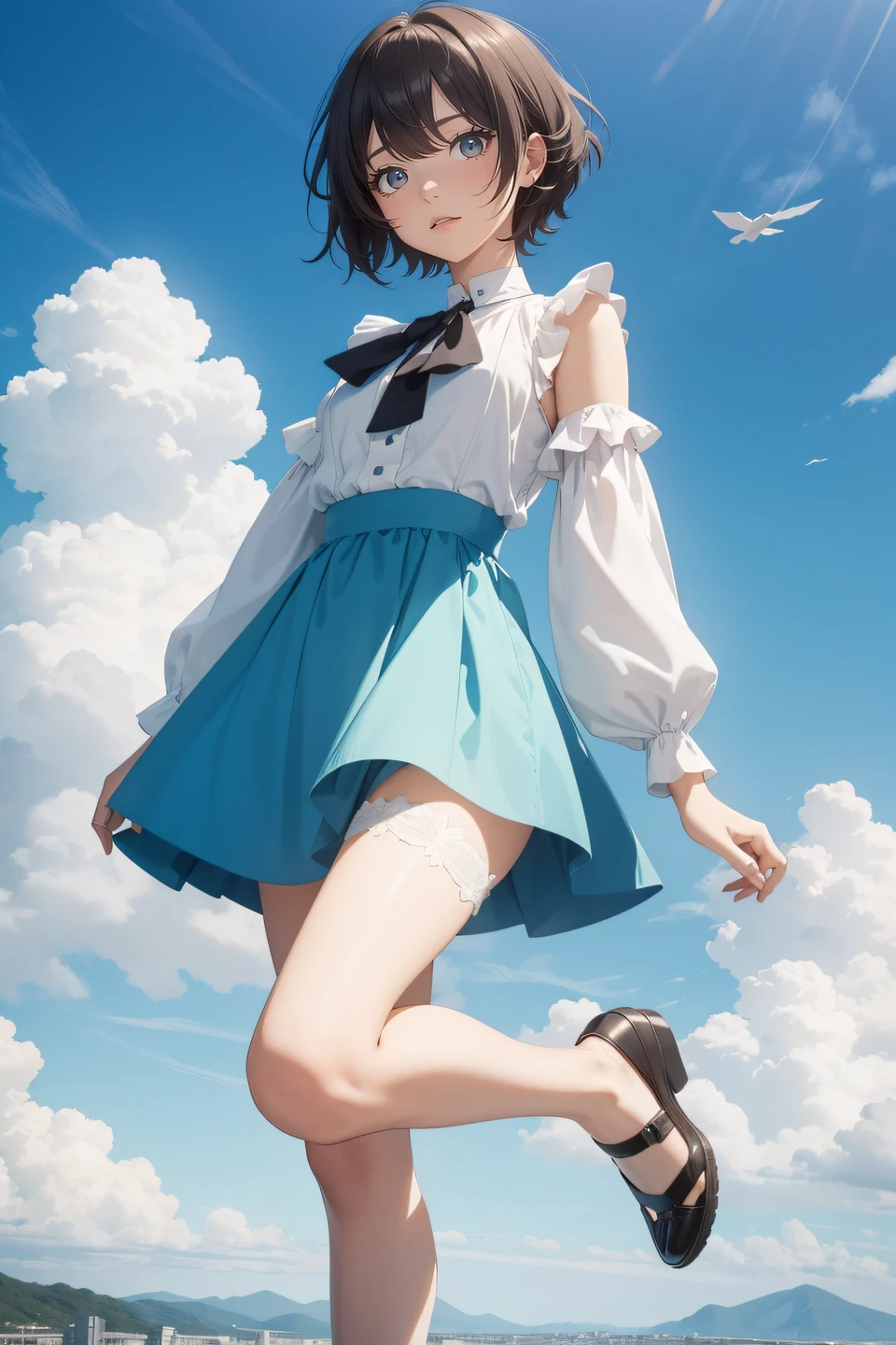 Best quality, high detail, high resolution, ultra high definition, 16k, 1 cute girl, (zoom out:1.1),{levitation|float|fly|}, [colorful short hair, fashionable outfit: 0.5], beautiful fluffy clouds, blue sky, beautiful fluffy clouds, overlooking angle, medium and long view, Shinkai Makoto style, dreamy, beautiful, masterpiece