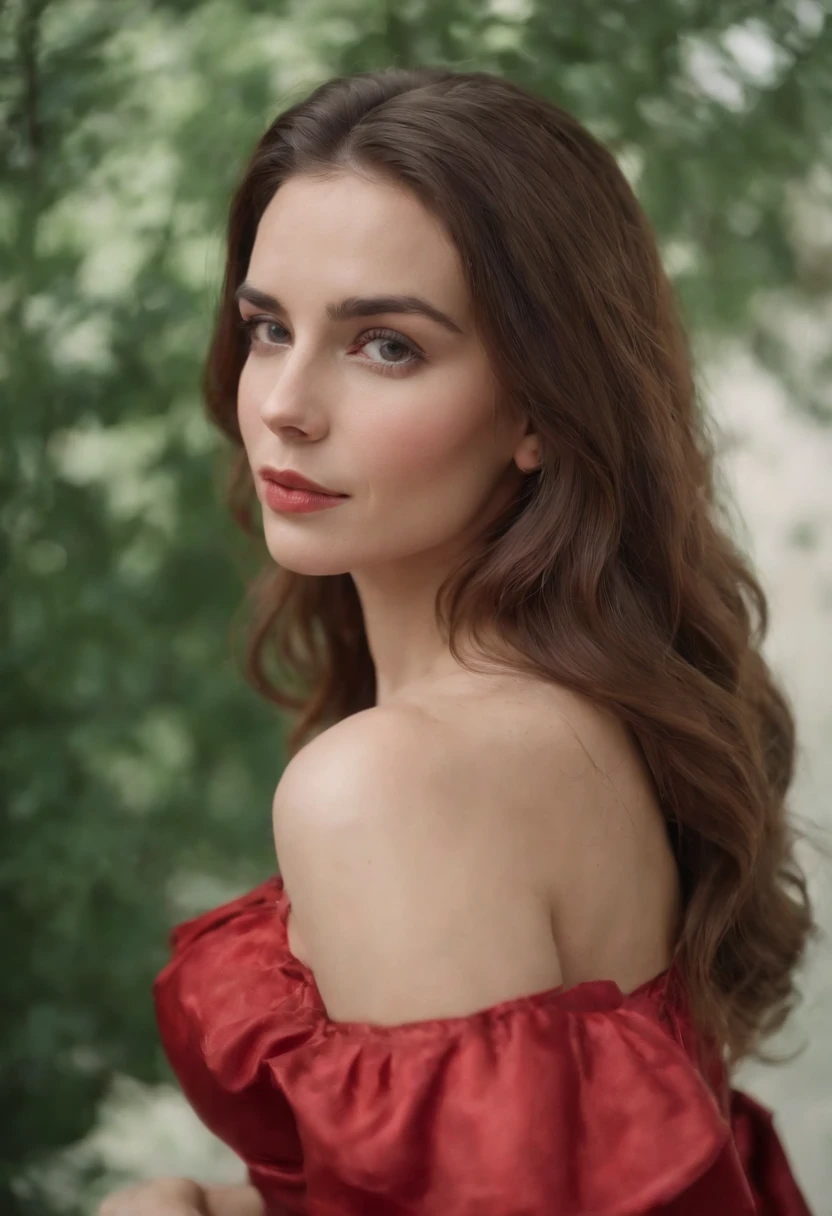 Mulher linda com cabelo cacheado, olhos verdes , belas curvas , vestido vermelho, mulher linda