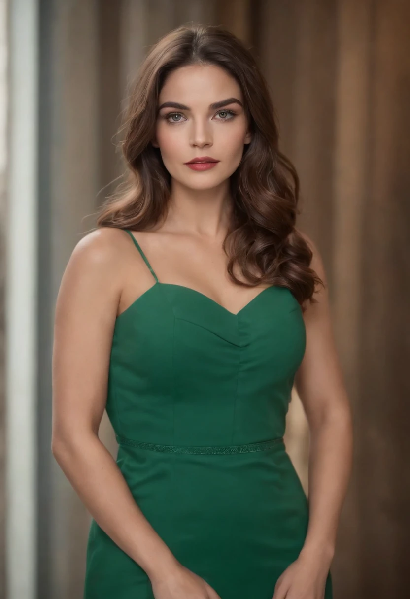 Mulher linda com cabelo cacheado, olhos verdes , belas curvas , vestido vermelho, mulher linda