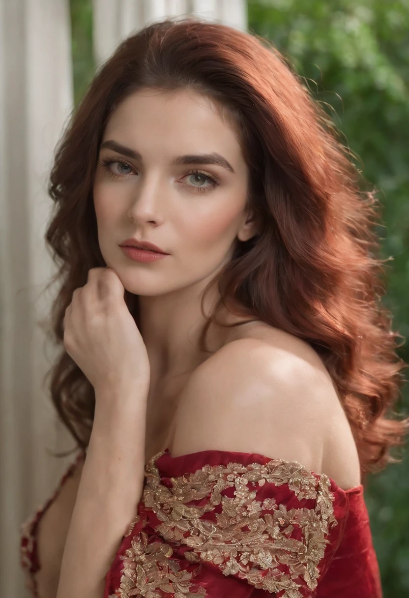 Mulher linda com cabelo cacheado, olhos verdes , belas curvas , vestido vermelho, mulher linda