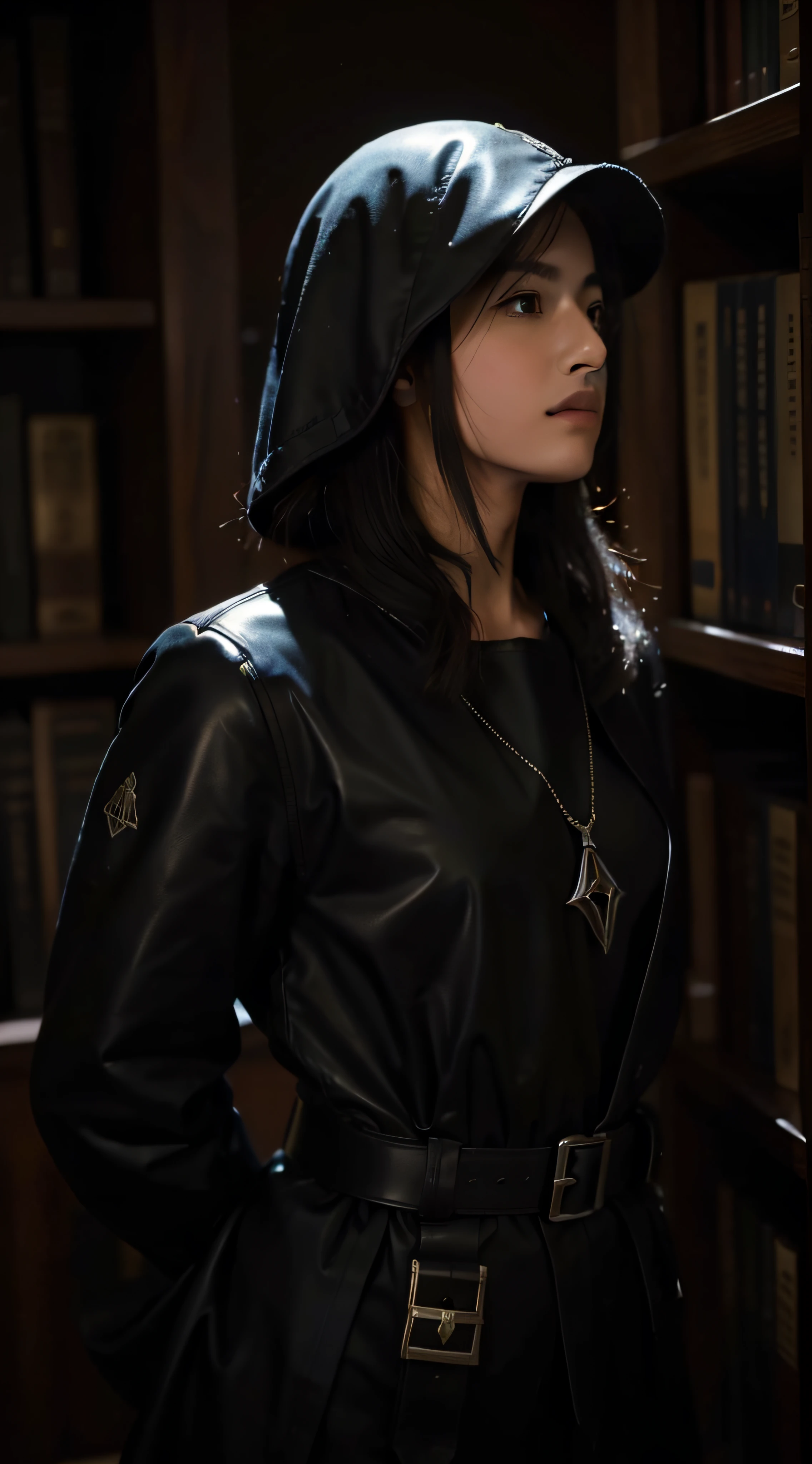 (extremadamente detallado, obra maestra, La mejor calidad, foto antigua, principios de siglo) latex, soldado estilo ciberpunk, armadura robotica, cables, tornillos, una linterna directa lo ilumina, biblioteca antigua. plano cercano. manchas. Caravaggio-style lighting. tenebrismo-