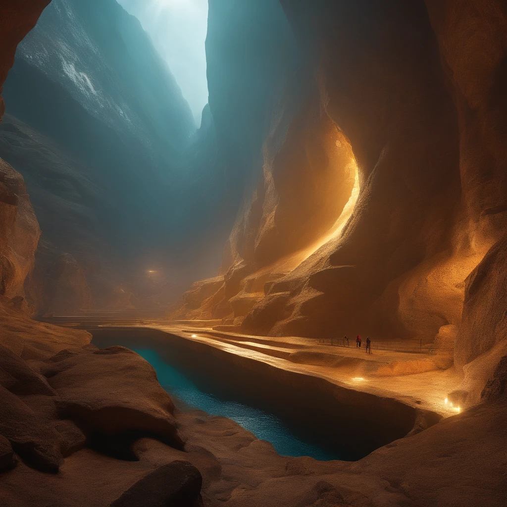 In the abyss of fantasy comic book style, 12,000 meters underground with beauty that does not belong to this world, and relics that violate the laws of physics, a hot underground golden city without the sun