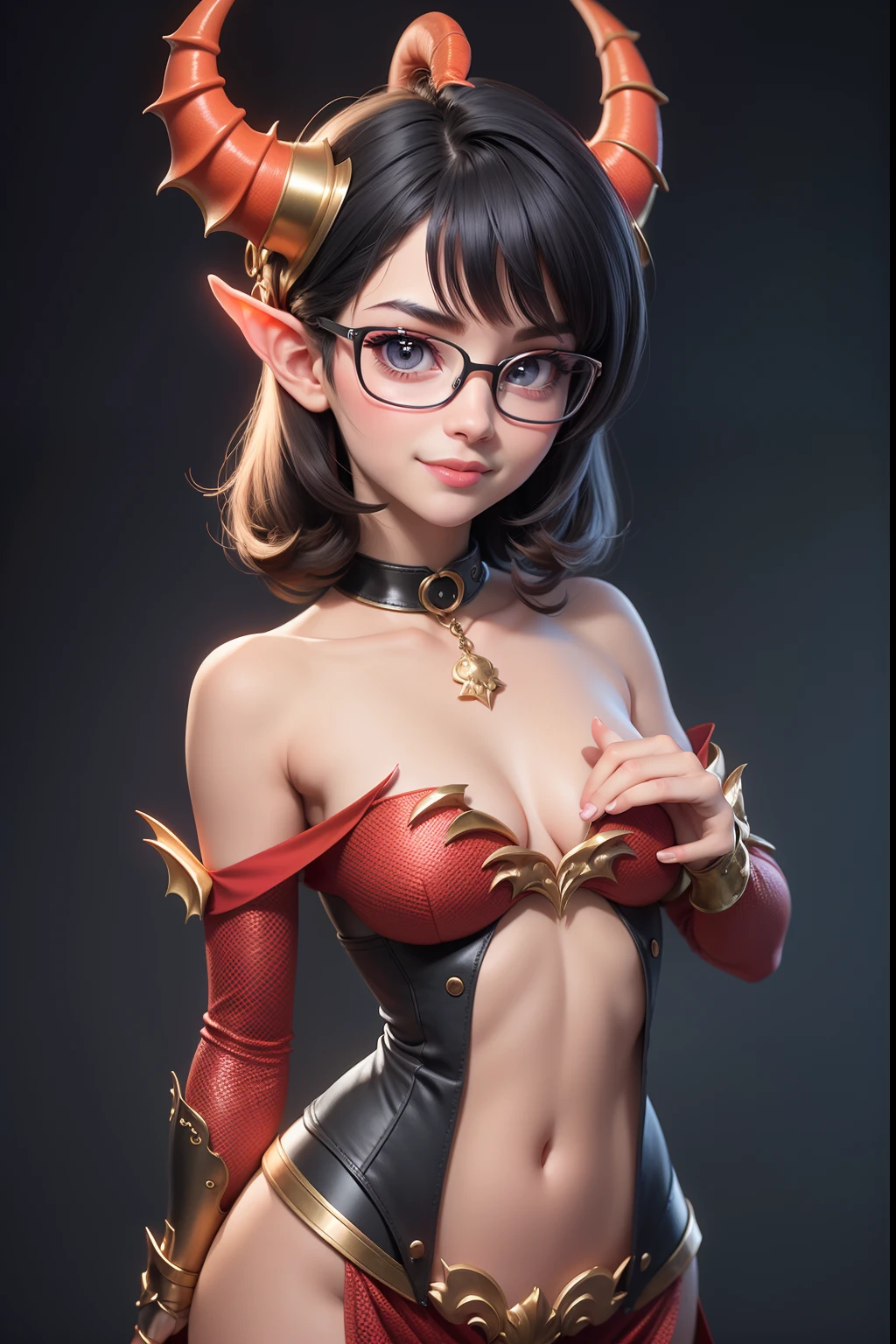 1 cute dragon race. girl (18yo) glasses, dark eyes, upper body, slim waist, natural small breast, sexy pose, seductive expression, bangs, random hairstyle, cleavage, navel, collar, collarbone, off shoulder, seductive smile, wear intricately detail hot and sexy outfit, dragon costume, Coral color, wear unique helmet, random light color, upper body. flat gray color for background