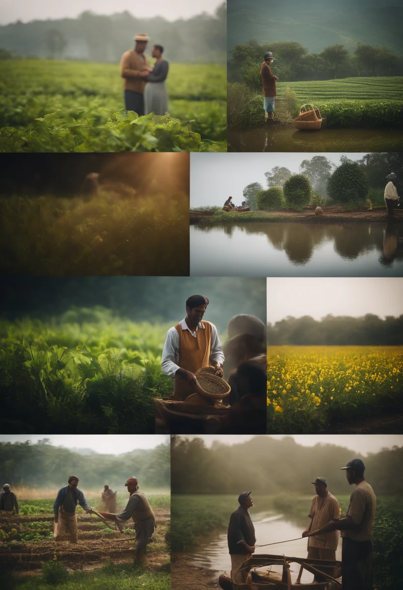 People from different cultures interacting with nature, such as gardeners, farmers, and fishermen