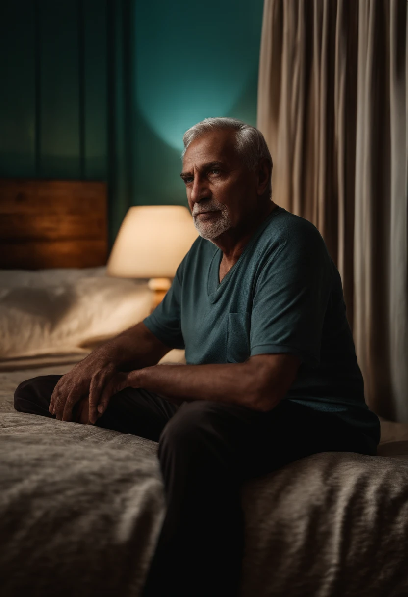 Homem de aproximadamente 60 anos, em um quarto escuro, sentado na cama olhando para uma mala vazia a sua frente, imagem realista