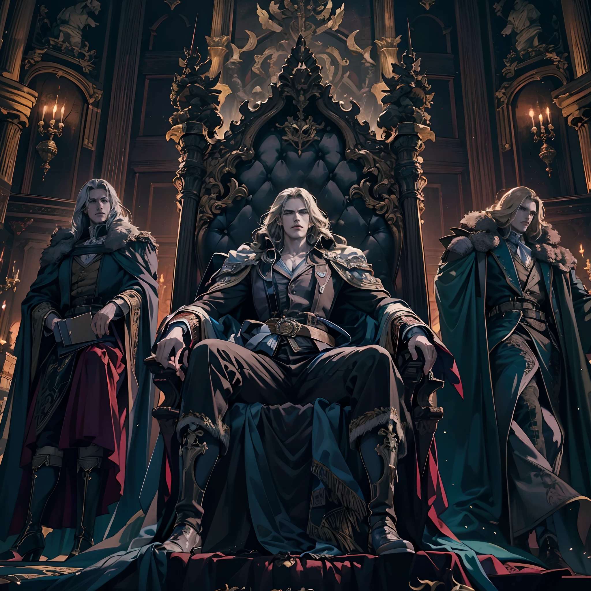 Castlevania Shadow Lord hyper realistic super detailed Dynamic shot masterpiece cinematic scene sitting in his big legendary throne with his men surrounding him hyper realistic super detailed cinematic scenes movie Epic Legendary different angle of view