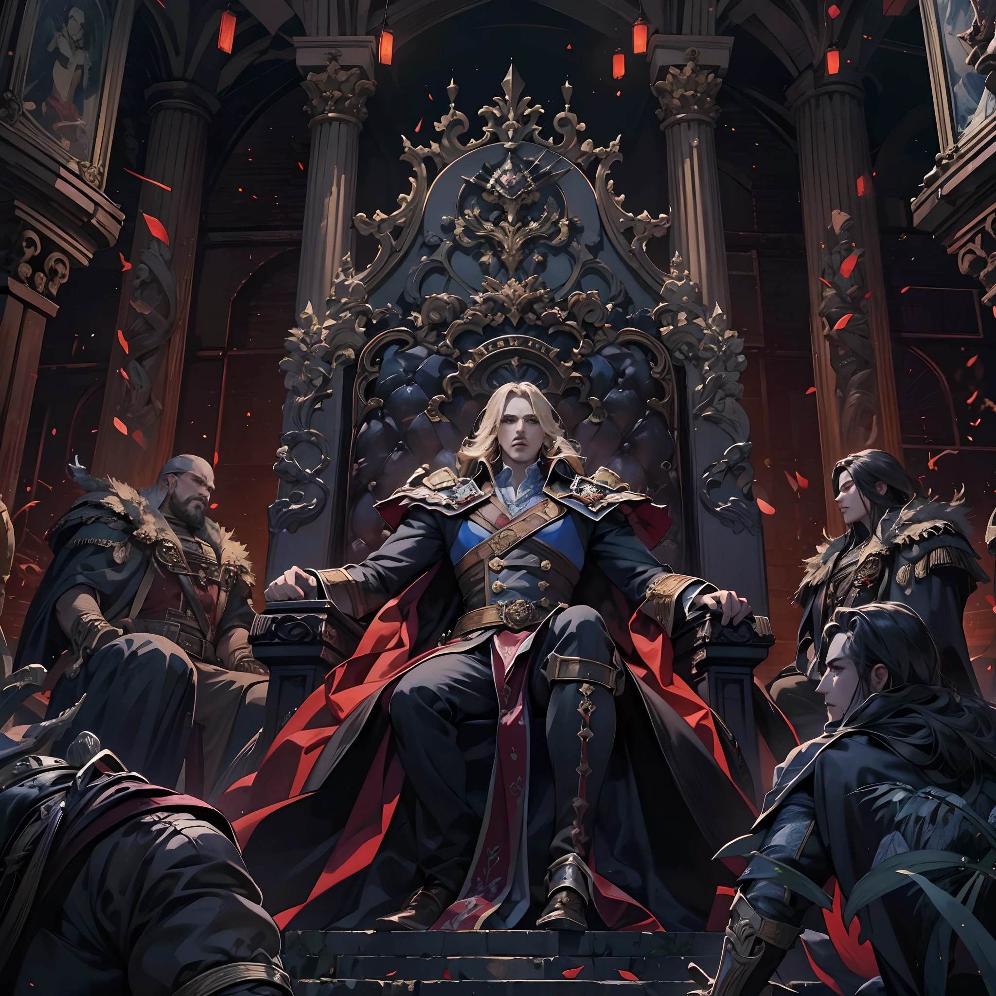 Castlevania Shadow Lord hyper realistic super detailed Dynamic shot masterpiece cinematic scene sitting in his big legendary throne with his men surrounding him hyper realistic super detailed cinematic scenes movie Epic Legendary different angle of view