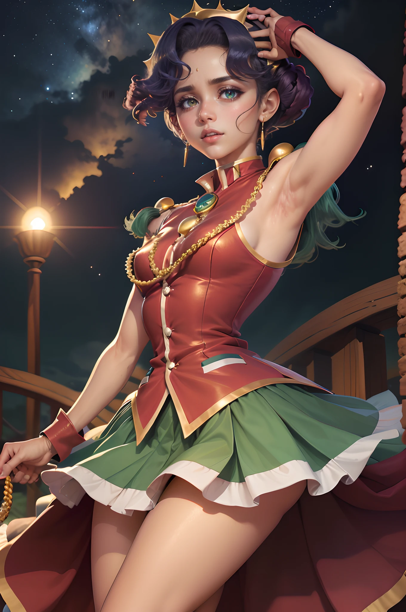 (masterpiece, best quality:1.2), <lora:revgirlutena_himemiya-10:0.9>, cowboy shot, solo, 1girl, himemiya anthy, dark skin, dark-skinned female, expressionless, closed mouth, own hands together, short hair, crown, glasses, sleeveless dress, aiguillette, wrist cuffs, jewelry, earrings