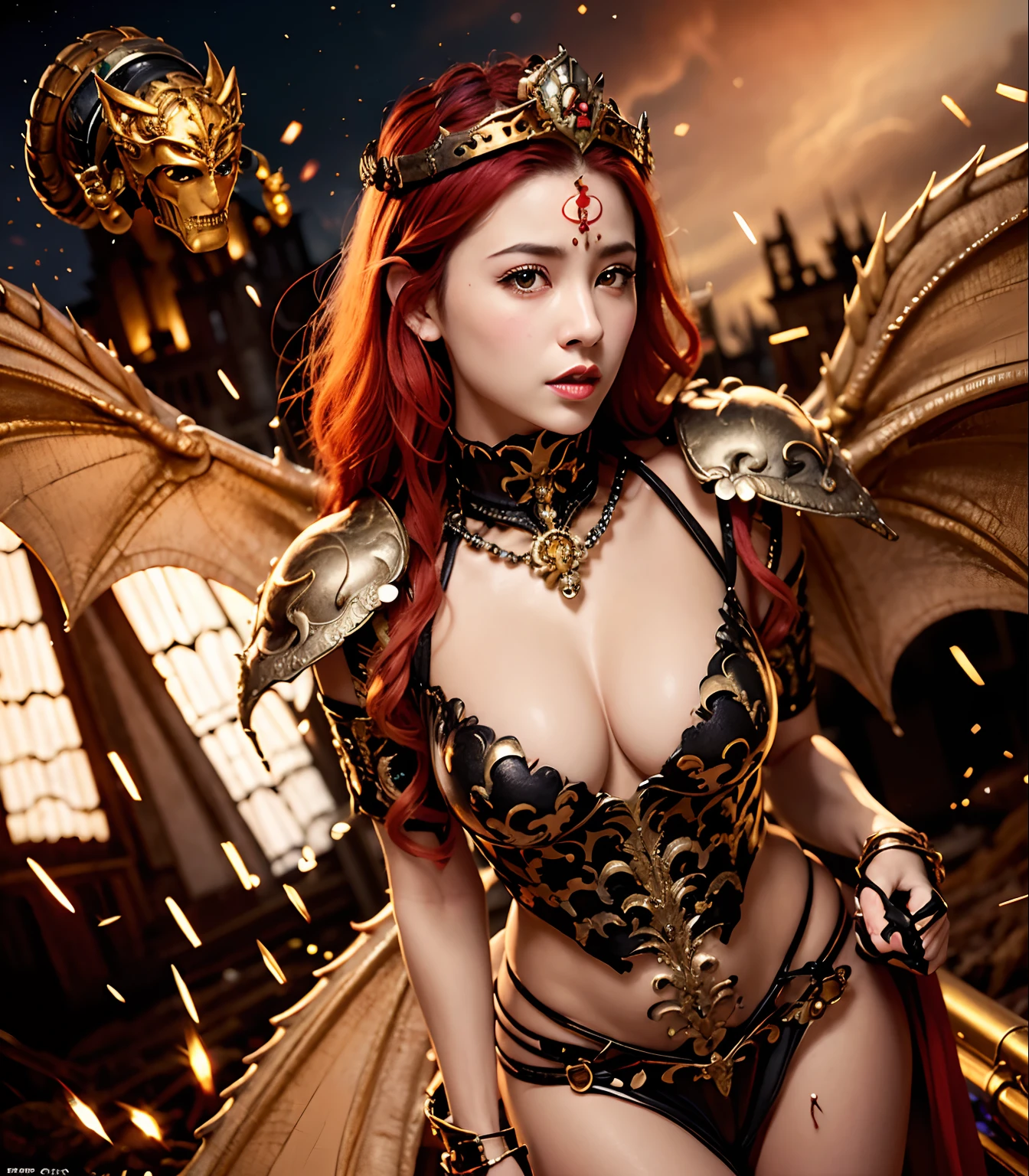 Professional , masterpiece、top-quality、photos realistic , depth of fields 、(Fight the Dragon Knight with the Dragon Mask),(Dragon Black Metal Body:1.4),(Matte Black、(cleavage of the breast)、(Fight dragons)、(Seductive look)、Dragon Gold Weapon、Mystical expression、(bikini-armor),Gorgeous gold weapons ,(( Dragon's dense and gorgeous sword)) , Beautiful knife ,warhammer 40k , adepta sororitas,Detail and gorgeous crown、((Red hair))、(Castle background)、The dragon、((Gangle's forest background))、Beautiful Caucasian beauty、(1a person)、dynamic ungle,(((Detailed and ornate dragon helmet)))、Smaller head、Castle background、Thin and beautiful female hands、cleavage of the breast、Soldier in iron armor on background、Mystical expression、Light Effects、intense fighting、Wind-effect、magic circles、With the legendary magic wand、(demonic wings)、Toostock、