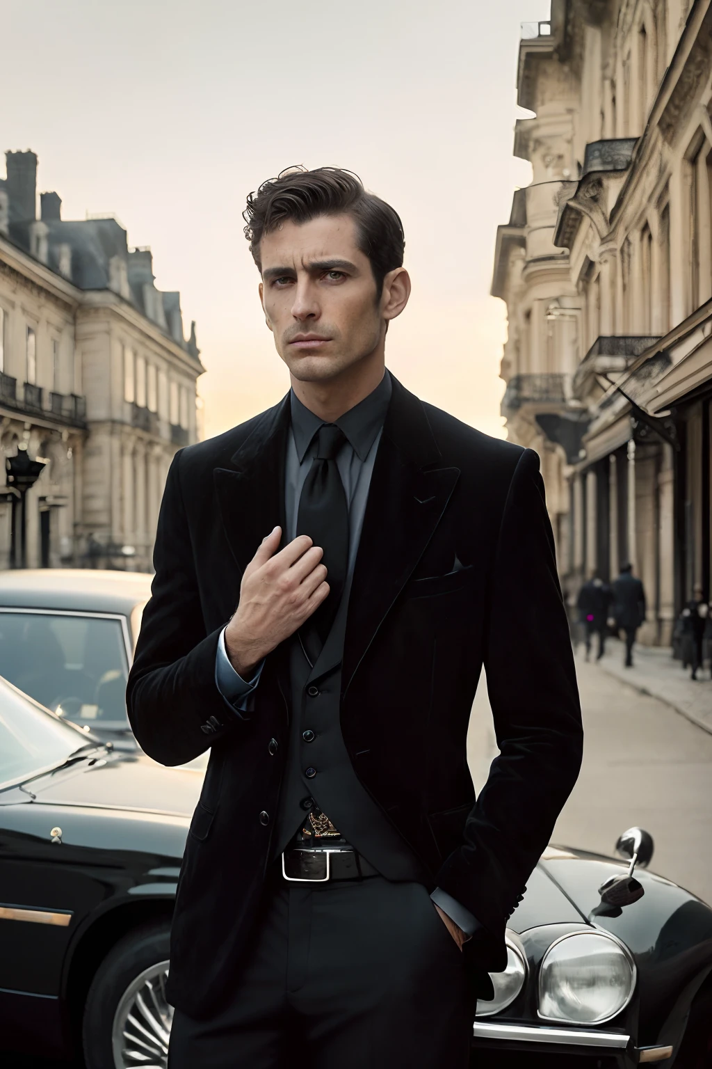 corps entier, Photo photo Wide angle close-up portrait of the body of a handsome man , Grand et en forme, (40 ans:1.1), (shaven:1.2) , (curly short brown hair:1.2). Dark brown tight velvet suit, (La veste a des motifs de fleurs noires:1.2). (posing outside the mansion with a luxury car:1.1), crowded street with cafes in the distance, Cold and dark sunset at dusk, (Edge Light:1.1),(Concentrez-vous sur les yeux), (angry look), (hard light on the skin:1.2), (ombres dures, dark themed, Contraste profond:1.1), (photographie de portrait par Annie Liebovitz), Dark mint theme and choral aesthetics, (skin imperfections)