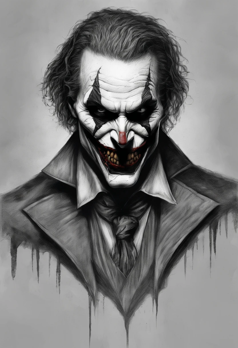 A sketch drawing of the joker skull character, hyper-realistic, artistic, tudo preto e branco