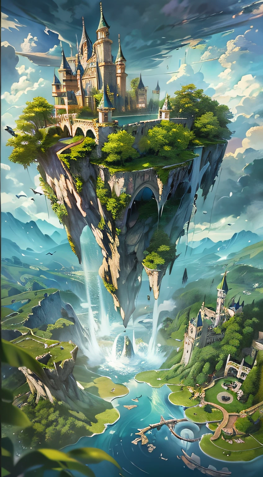 Upside Down World:2, (an artist's design of a floating Castle on the floating the land and Forest and Fountain in the air, above the A few clouds and thunderstorms)1.4, bird's-eye view, scenery, no humans, a fantastic magical world, (Best quality), (masterpiece:1.3), (photorealistic:1.36), (realistic), ultra-detailed,, detail background,