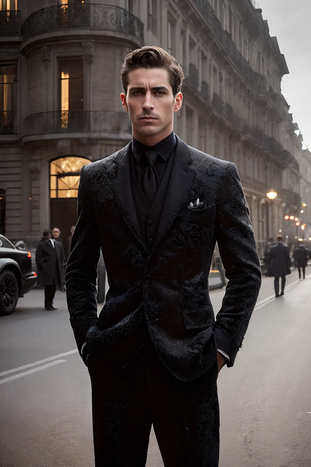 corps entier, Photo photo Wide angle close-up portrait of the body of a handsome man , Grand et en forme, (40 ans:1.1), (shaven:1.2) , (curly short brown hair:1.2). Dark brown tight velvet suit, (La veste a des motifs de fleurs noires:1.2). (posing outside the mansion with a luxury car:1.1), crowded street with cafes in the distance, Cold and dark sunset at dusk, (Edge Light:1.1),(Concentrez-vous sur les yeux), (angry look), (hard light on the skin:1.2), (ombres dures, dark themed, Contraste profond:1.1), (photographie de portrait par Annie Liebovitz), Dark mint theme and choral aesthetics, (skin imperfections)
