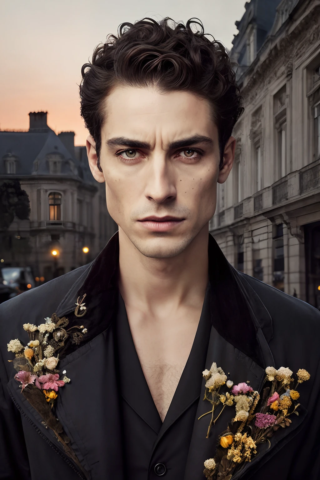 corps entier, Photo photo Wide angle close-up portrait of the body of a handsome man , Grand et en forme, (40 ans:1.1), (shaven:1.2) , (curly short brown hair:1.2). Dark brown tight velvet suit, (La veste a des motifs de fleurs noires:1.2). (posing outside the mansion with a luxury car:1.1), crowded street with cafes in the distance, Cold and dark sunset at dusk, (Edge Light:1.1),(Concentrez-vous sur les yeux), (angry look), (hard light on the skin:1.2), (ombres dures, dark themed, Contraste profond:1.1), (photographie de portrait par Annie Liebovitz), Dark mint theme and choral aesthetics, (skin imperfections)
