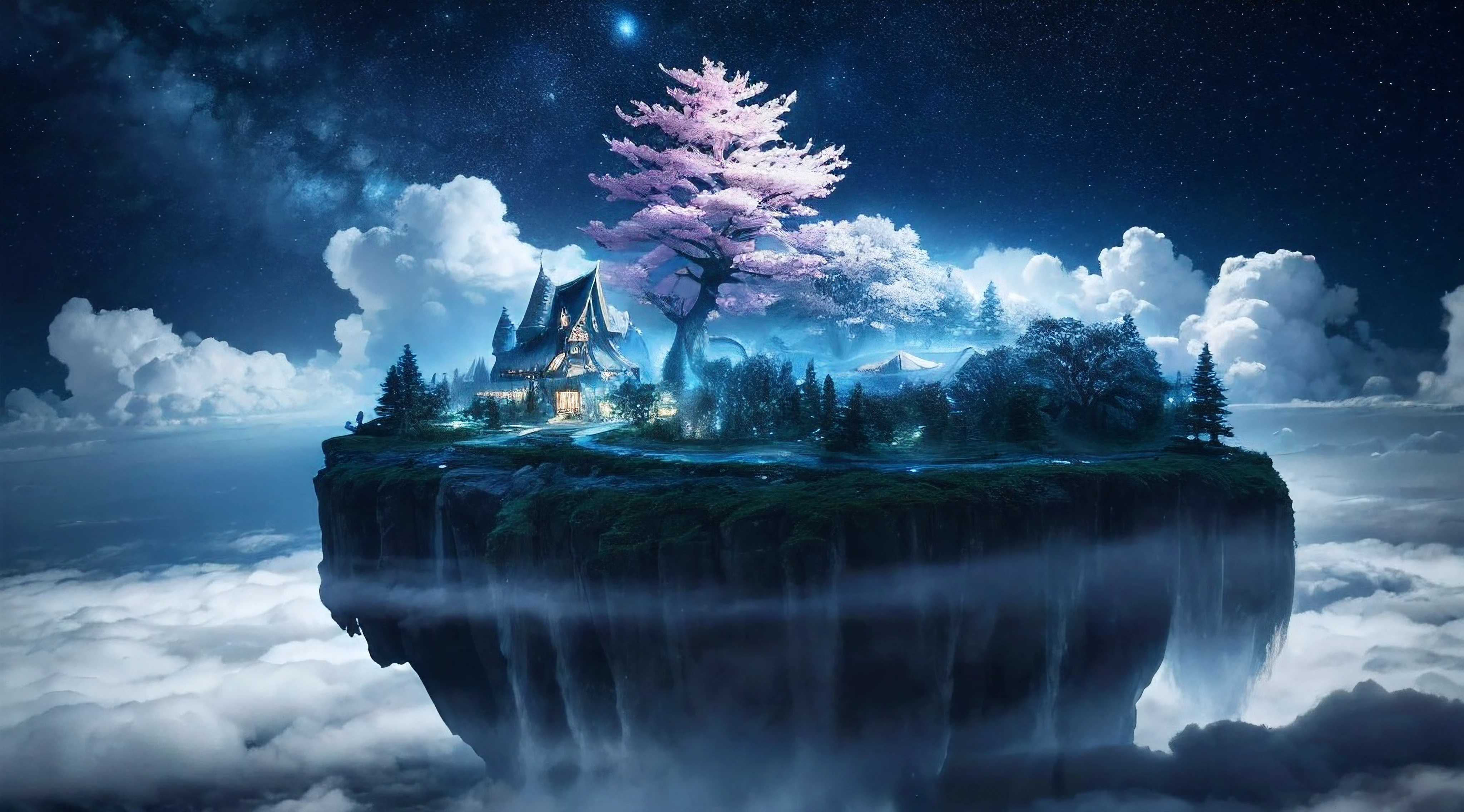 the island flying in the clouds, (best quality, 4k, 8k, highest, masterpiece:1.2), ultra-detailed, (realistic, photorealistic, photo-realistic:1.37), dramatic lighting, dreamy color tones, vivid colors, fluffy white clouds, shimmering stars, enchanting atmosphere, whimsical style, ethereal human figure, majestic tree, cozy cottage, magical ambience, moonlit glow, tranquil night scene, mystical elements