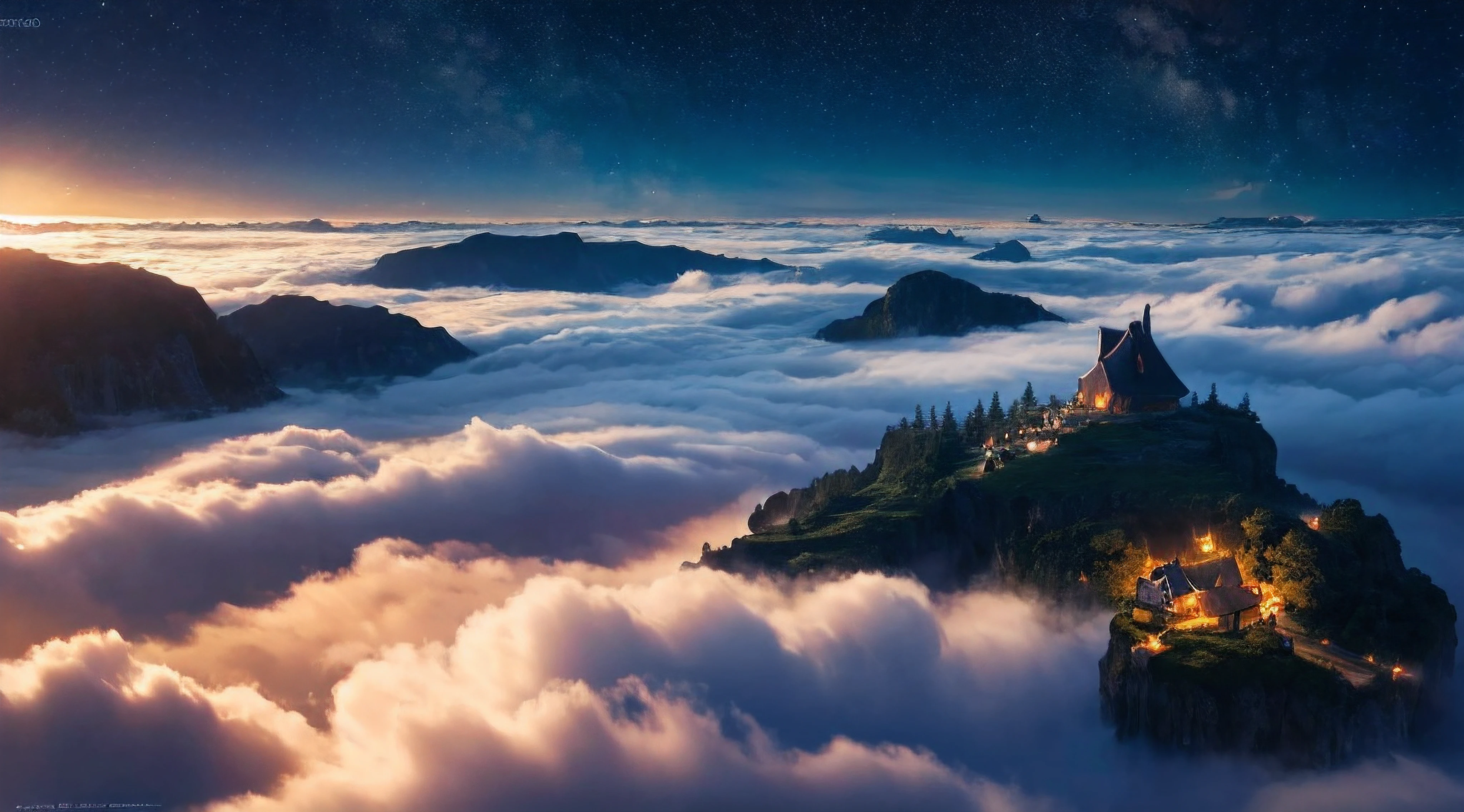 the island flying in the clouds, (best quality, 4k, 8k, highest, masterpiece:1.2), ultra-detailed, (realistic, photorealistic, photo-realistic:1.37), dramatic lighting, dreamy color tones, vivid colors, fluffy white clouds, shimmering stars, enchanting atmosphere, whimsical style, ethereal human figure, majestic tree, cozy cottage, magical ambience, moonlit glow, tranquil night scene, mystical elements