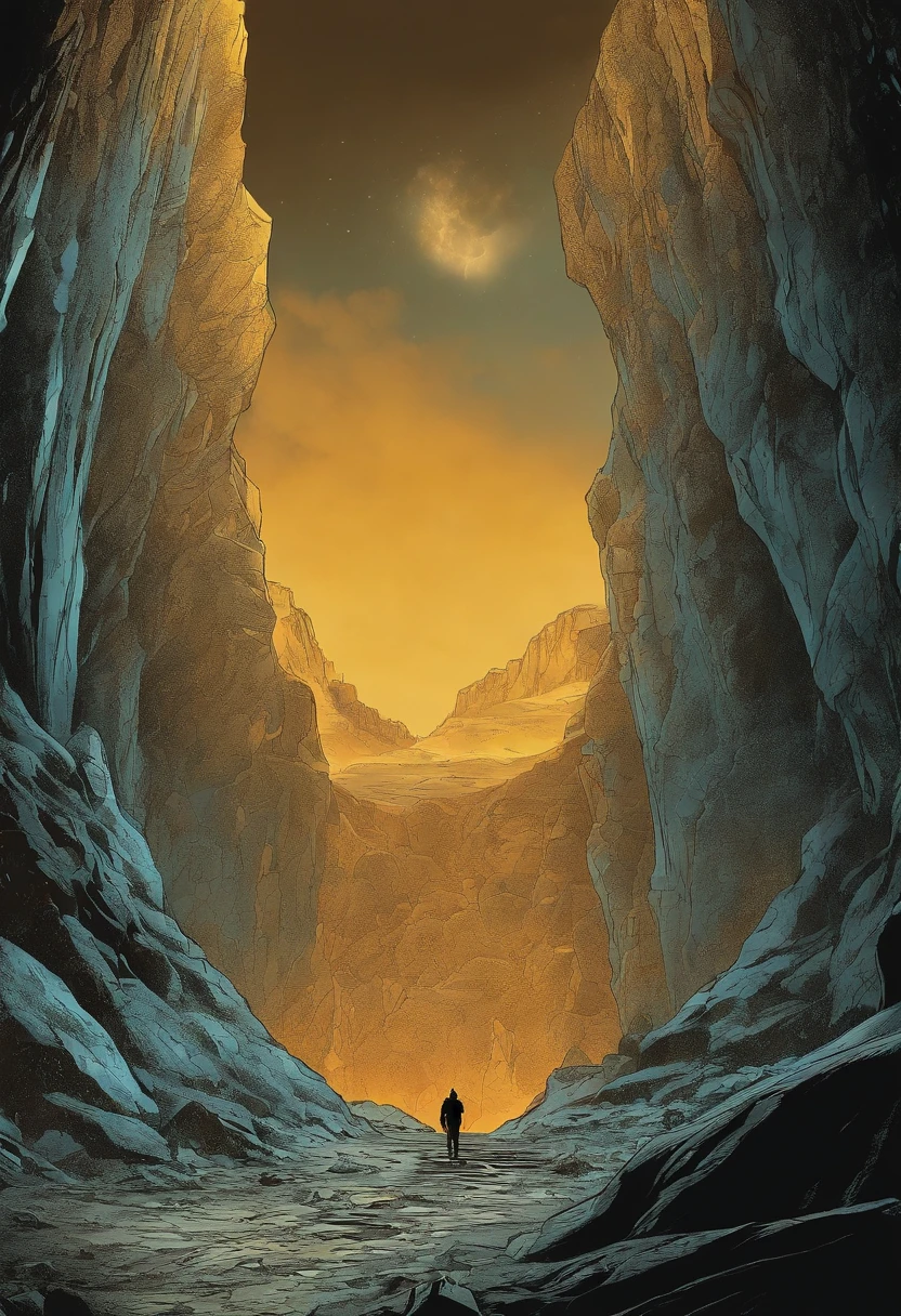 Fantasy comic book style abyss 12,000 meters underground in the golden town of the scorching sun depiction